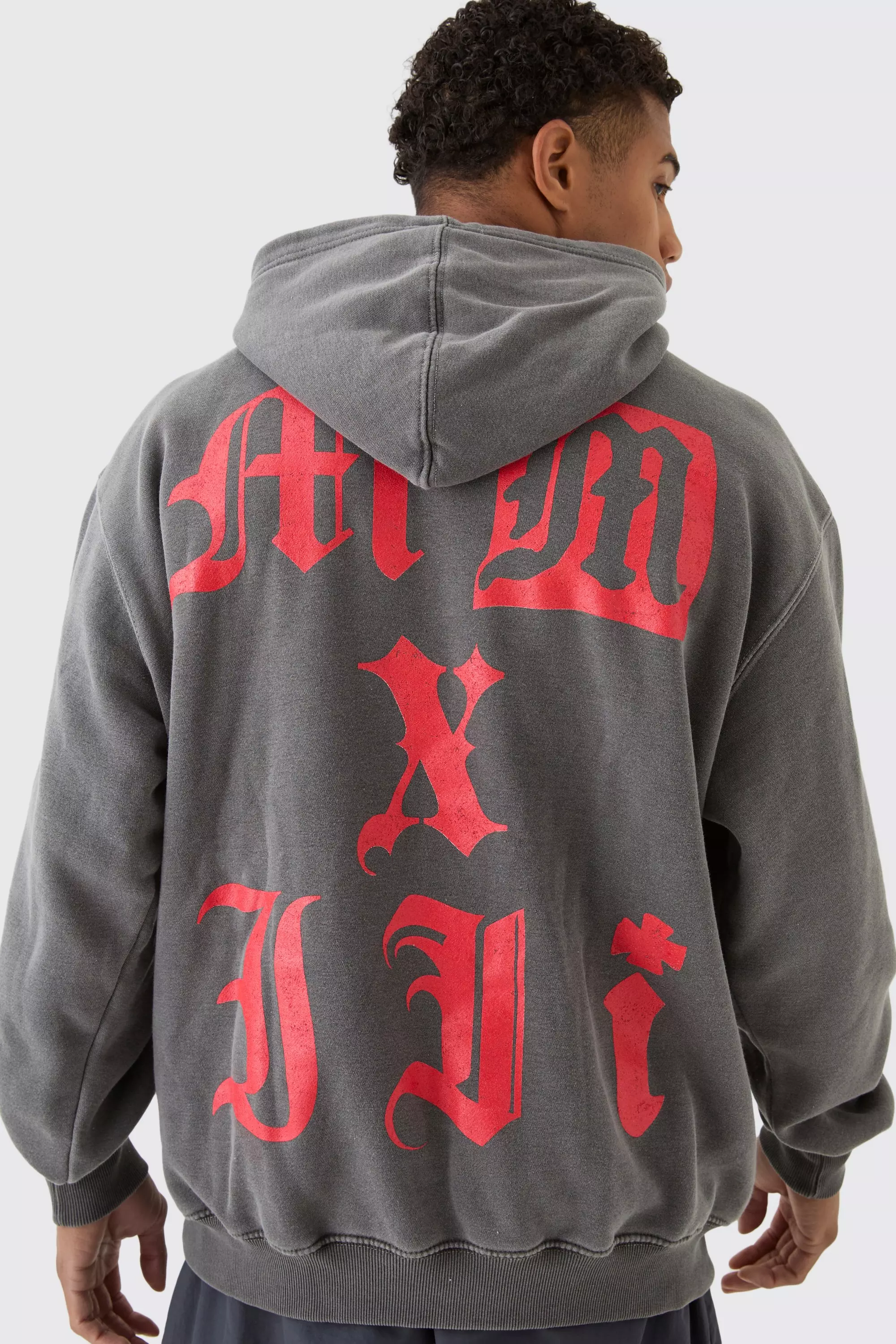 Oversized Gothic MMXIII Printed & Washed Hoodie Charcoal