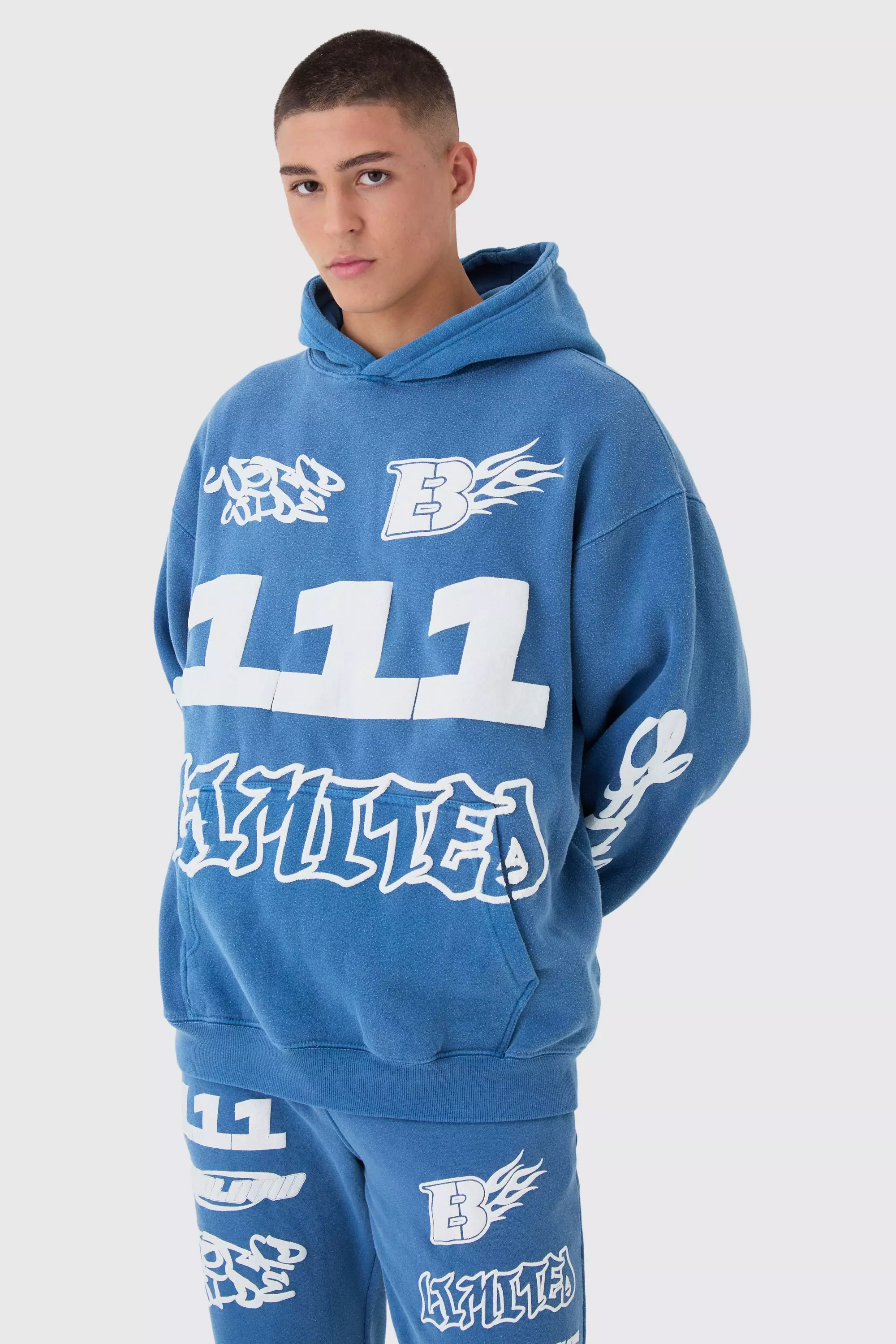 Oversized Boxy Moto Puff Print Wash Hoodie Cobalt