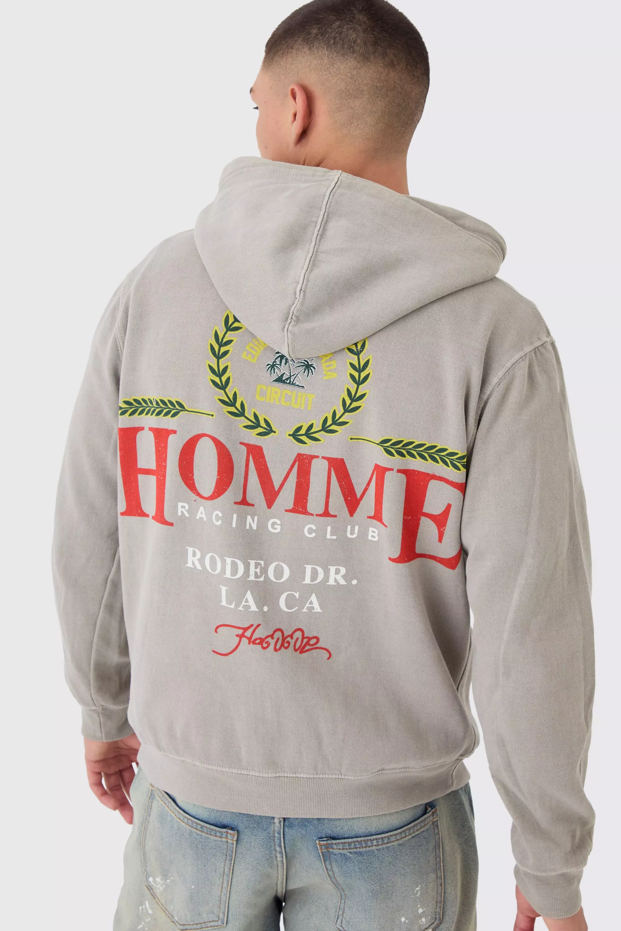 Washed Racing Print Zip Through Hoodie Stone