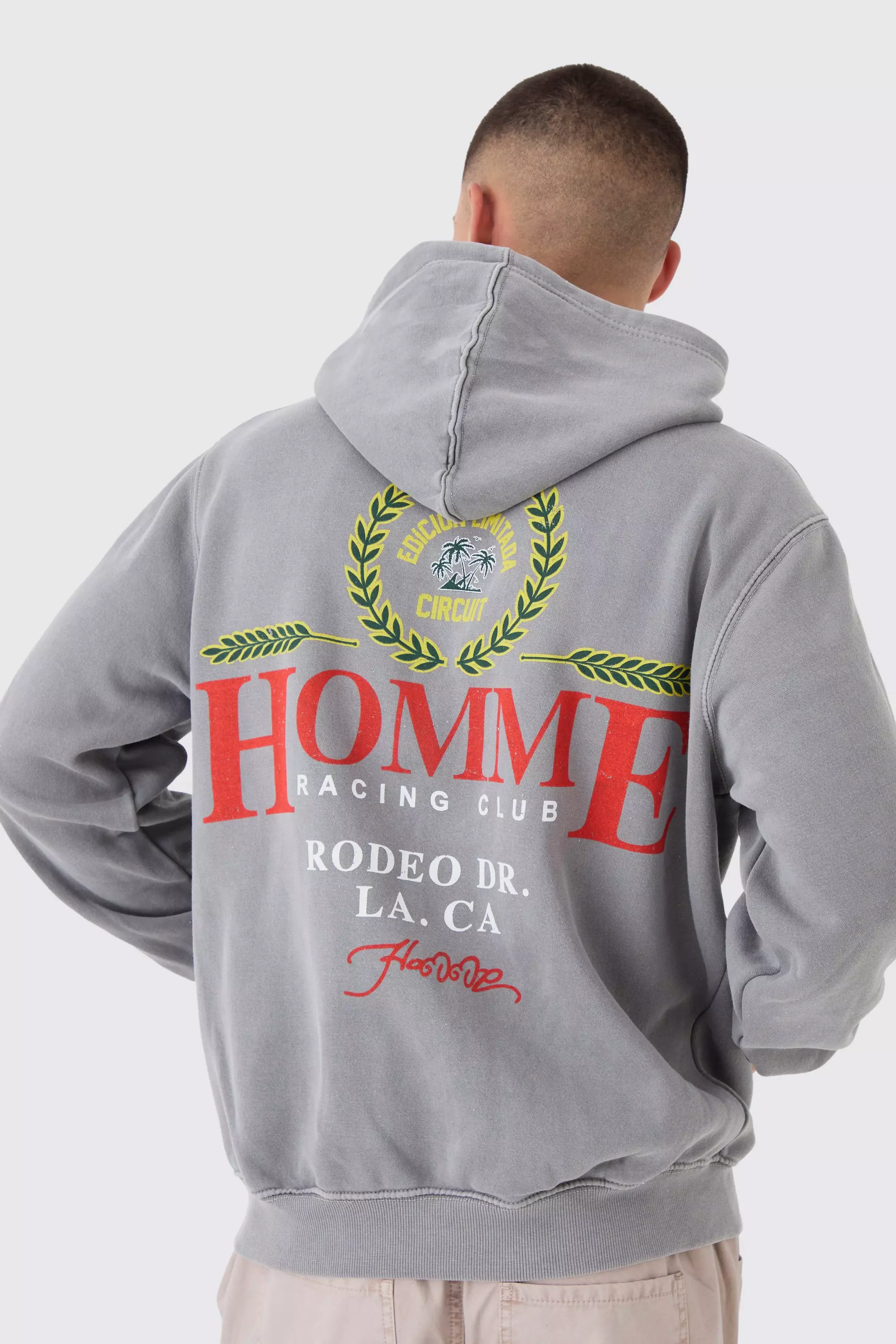 Charcoal Regular Fit Washed Racing Print Zip Through Hoodie alternative image