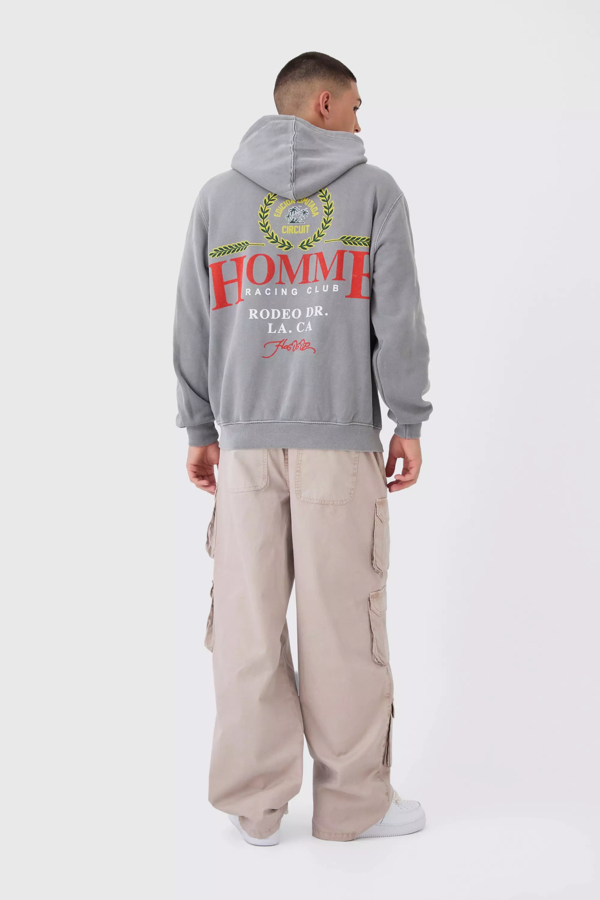 Charcoal Regular Fit Washed Racing Print Zip Through Hoodie alternative image