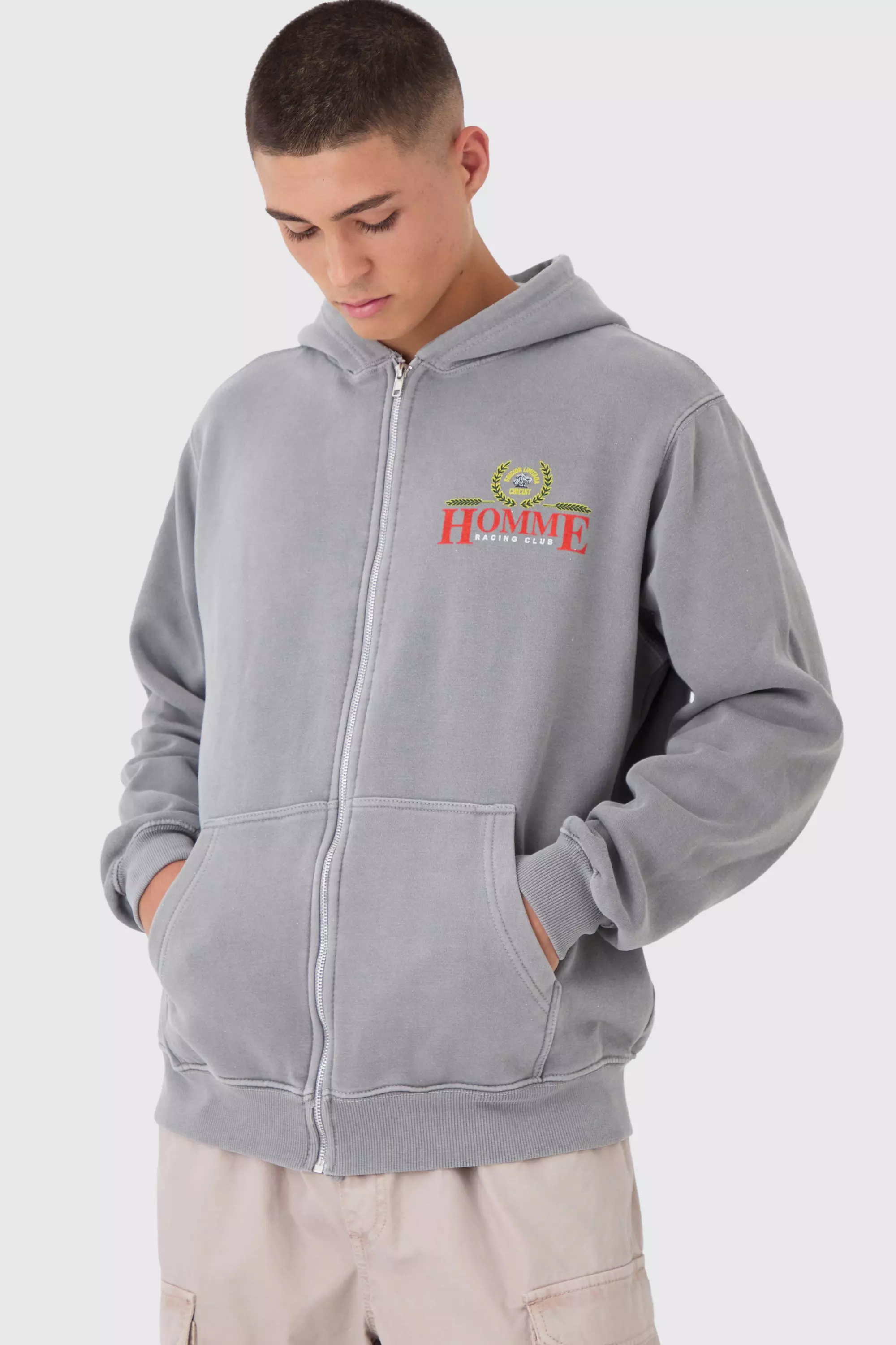 Charcoal Regular Fit Washed Racing Print Zip Through Hoodie alternative image