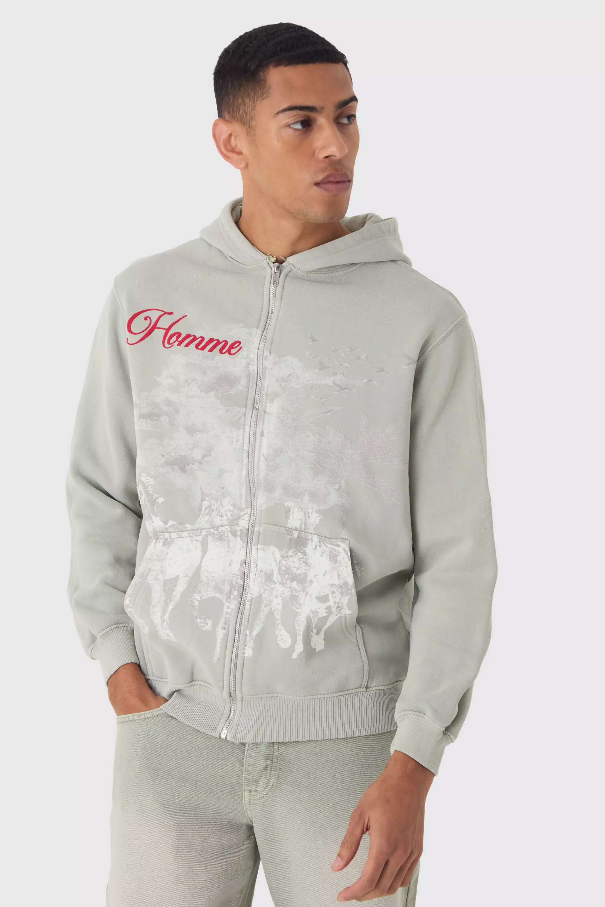 Washed Horse Print Zip Through Hoodie boohooMAN USA