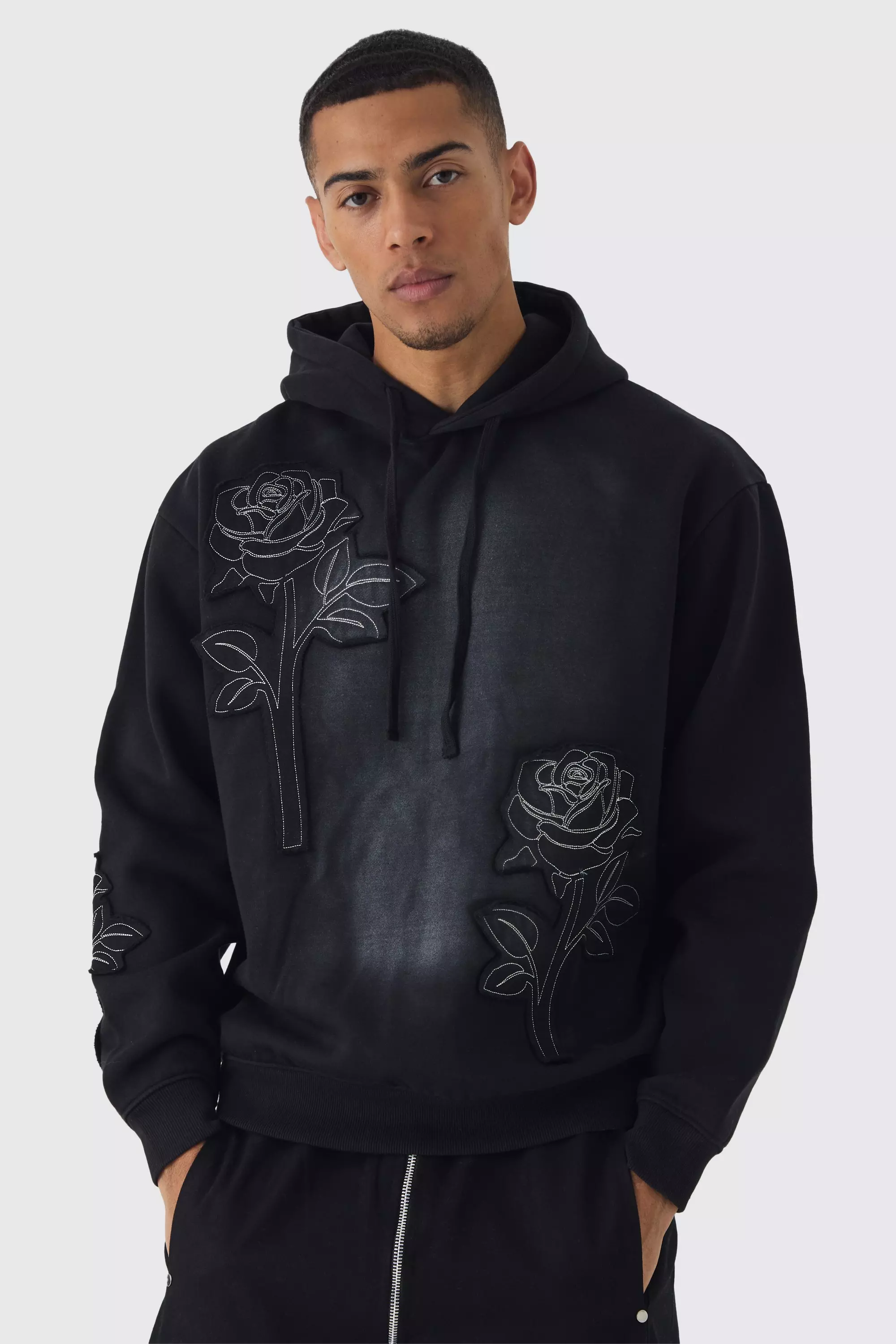 Black Oversized Spray Wash Rose Applique Hoodie