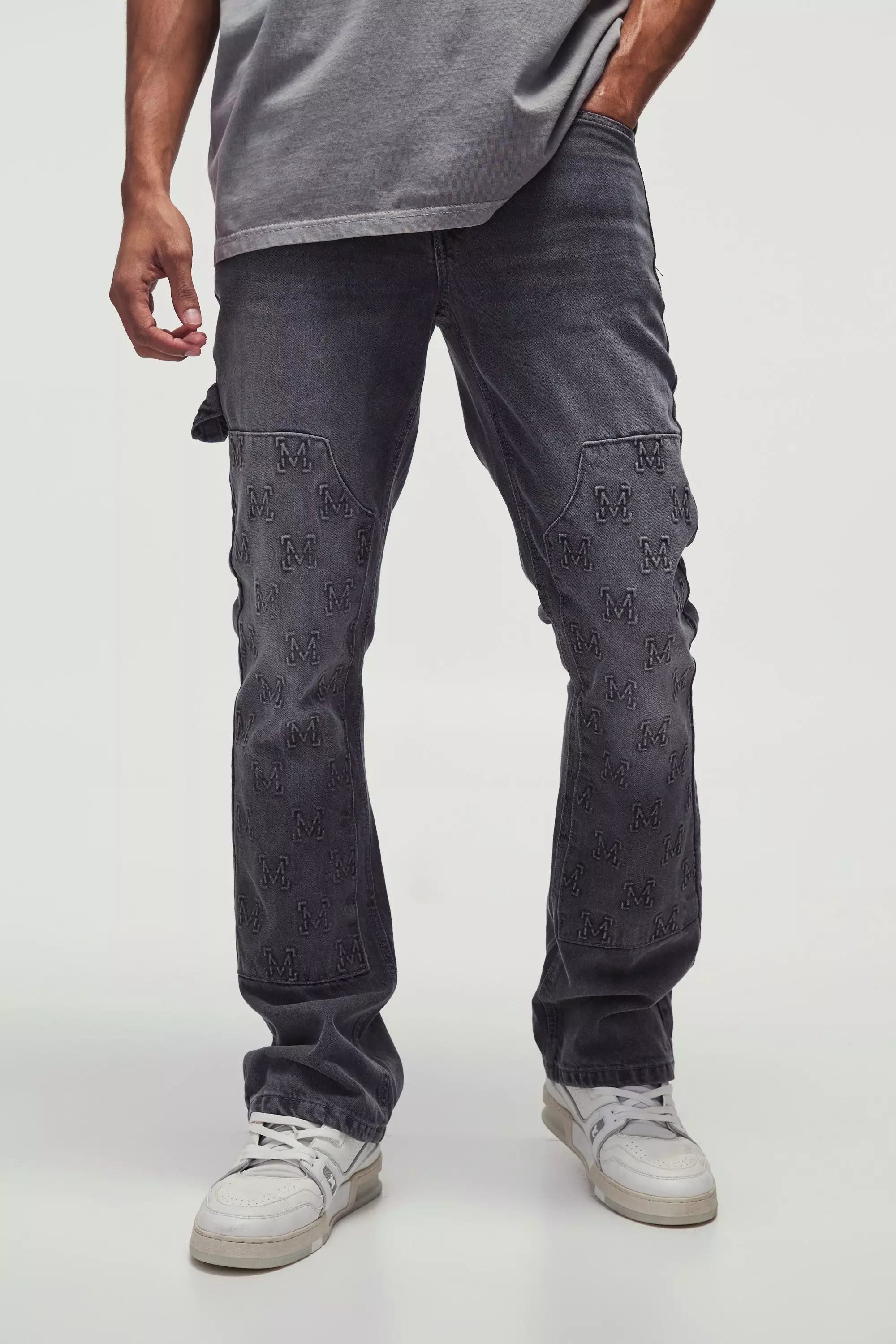 Grey Slim Flared Carpenter Cross Embroidered Jeans