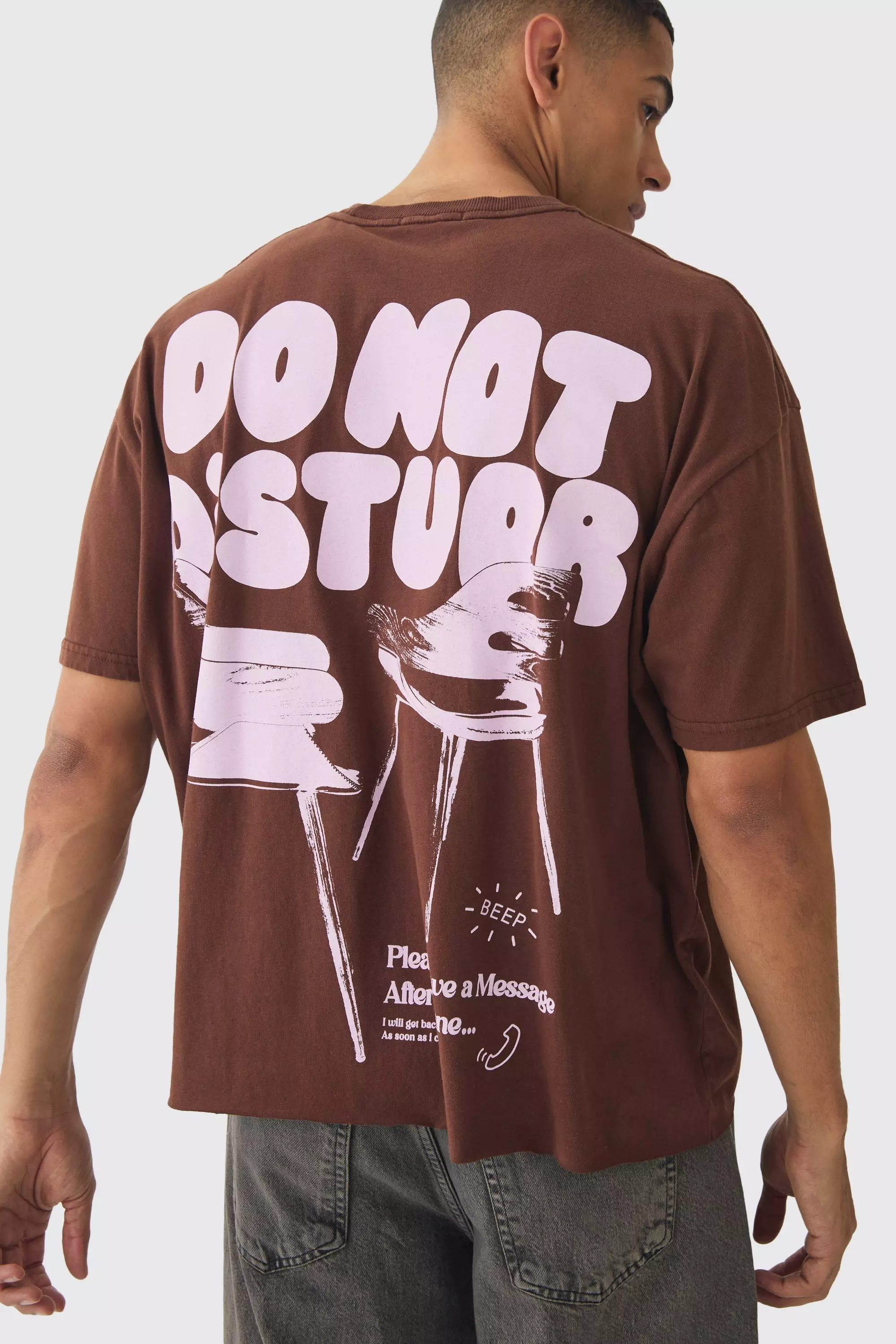 Chocolate Brown Oversized Boxy Washed Do Not Disturb Print T-Shirt