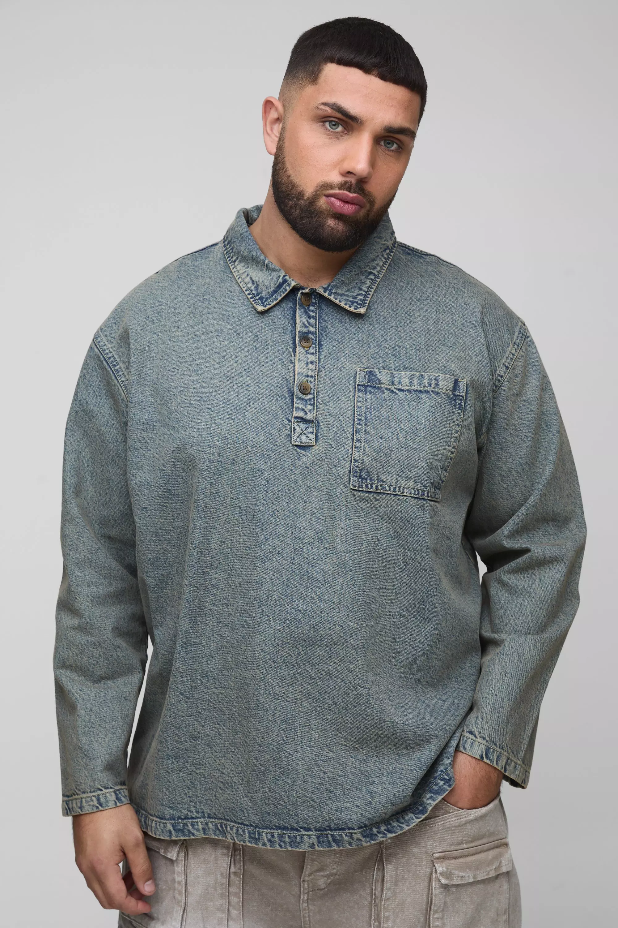 Plus Oversized Denim Rugby Shirt Antique wash