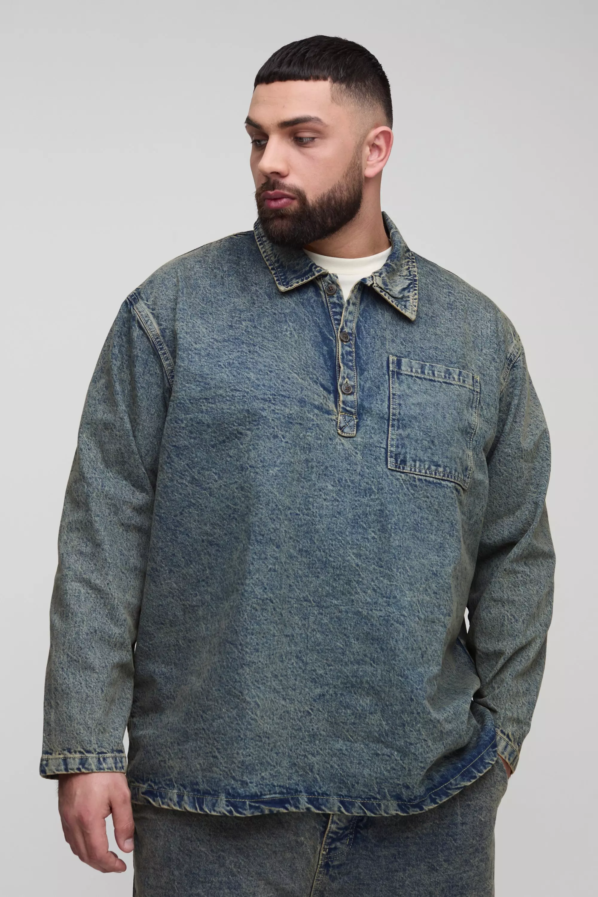 Antique wash Plus Oversized Denim Rugby Shirt alternative image
