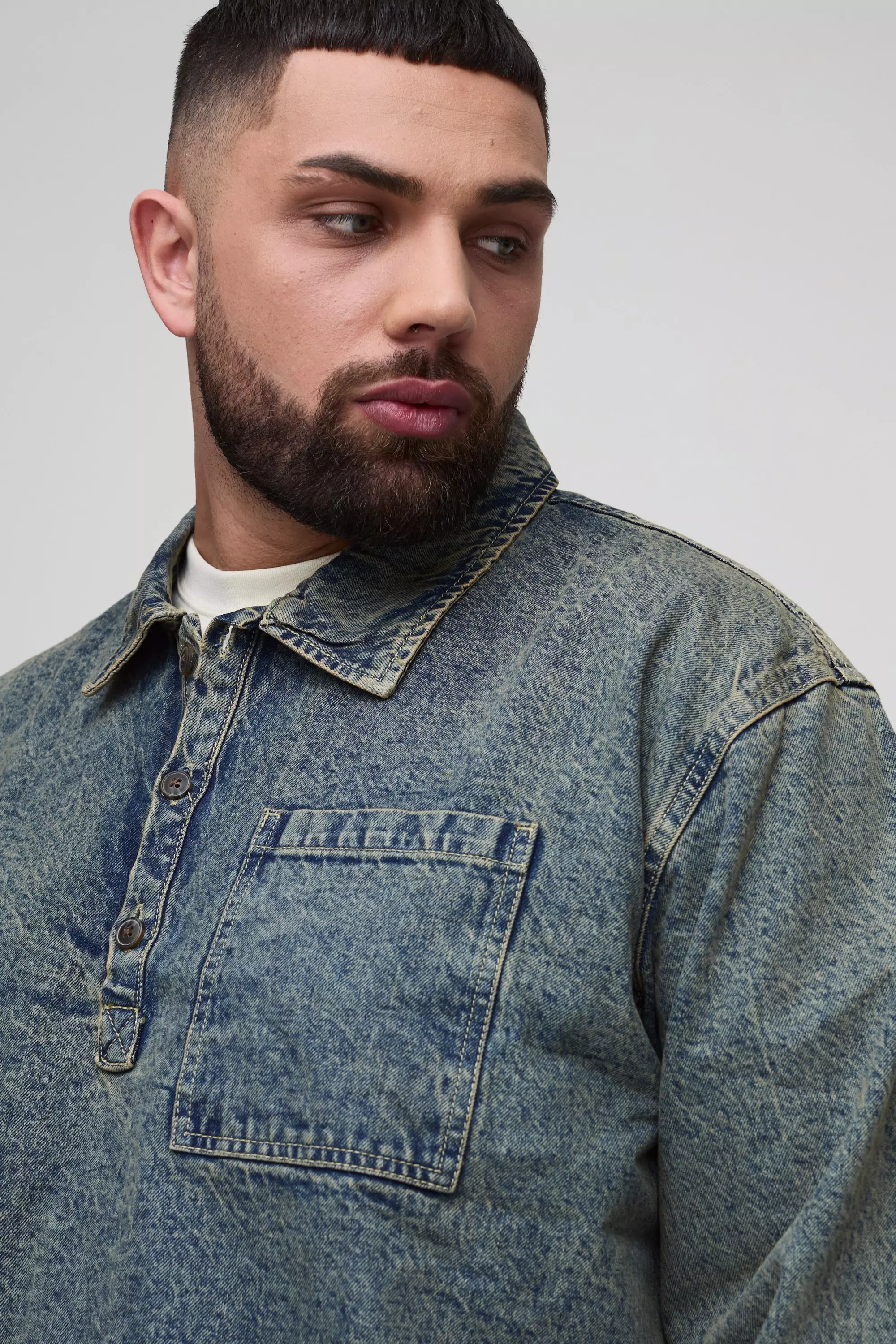 Antique wash Plus Oversized Denim Rugby Shirt alternative image