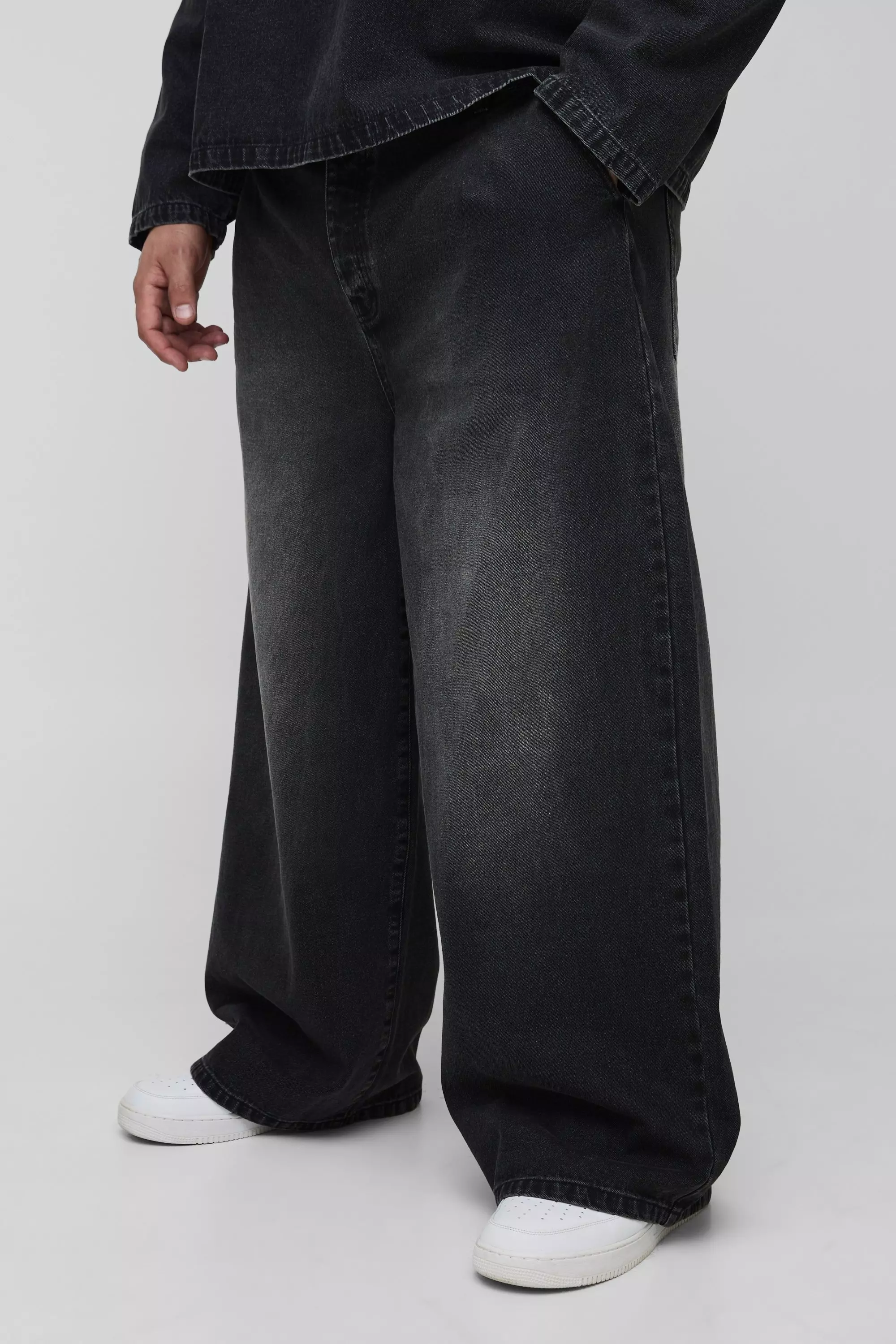 Ash Grey Plus Pleated Baggy Jeans