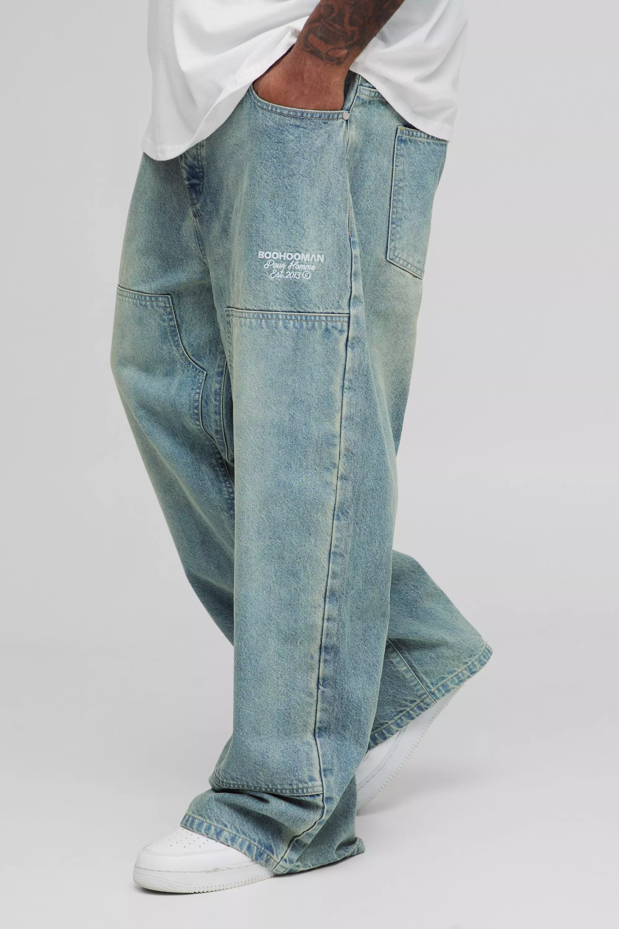 Blue Plus Relaxed Fit Embroidered Carpenter Jeans