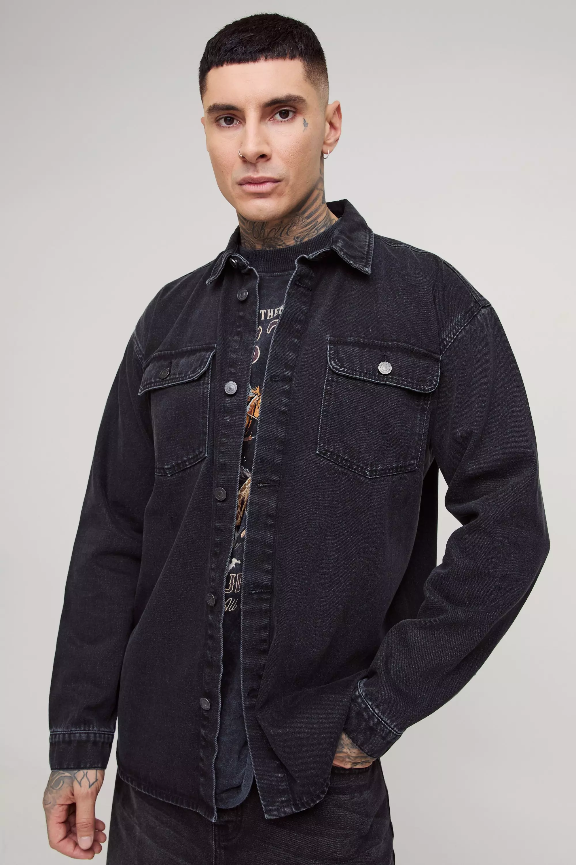 Washed black Tall Oversized Denim Shirt alternative image