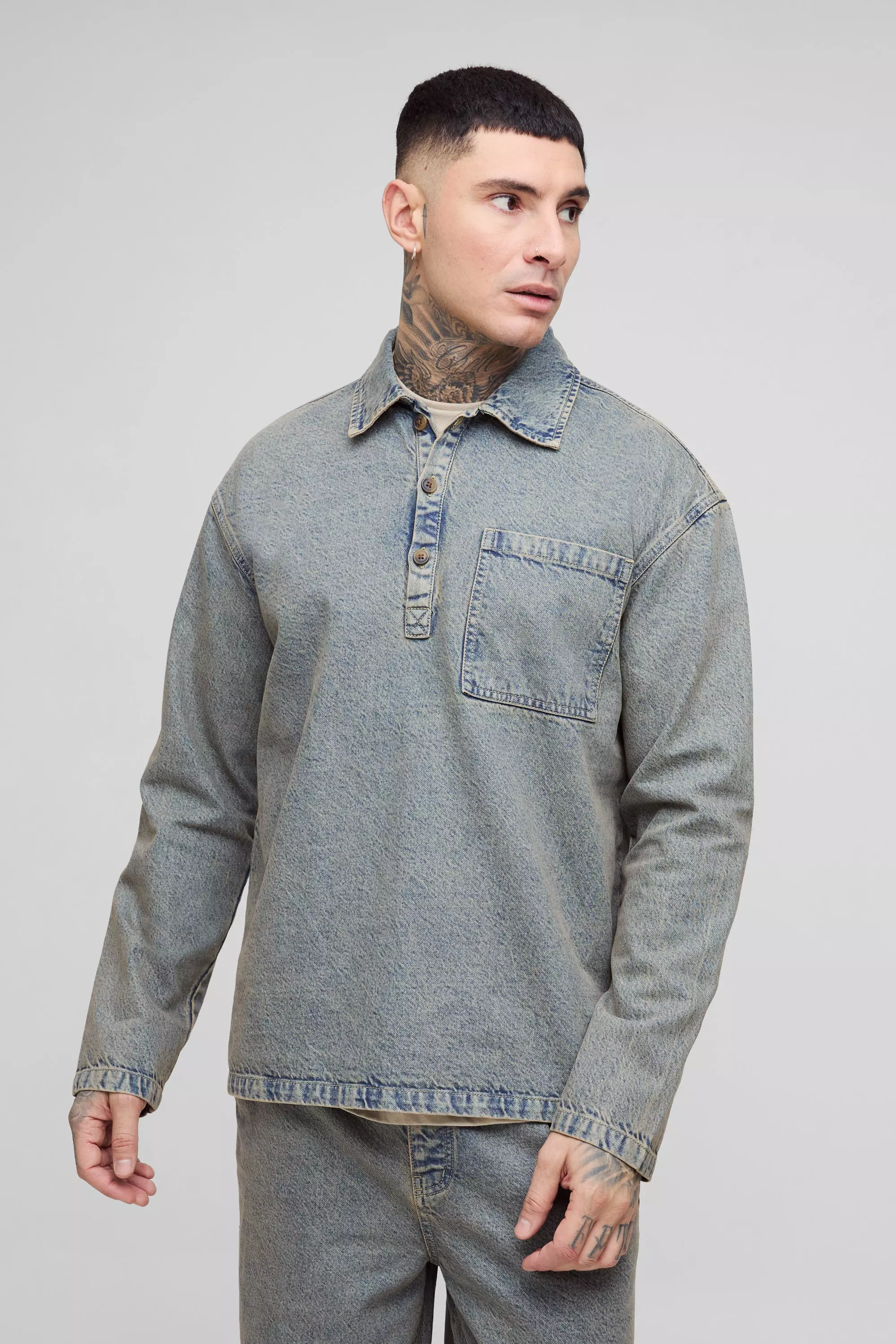 Tall Oversized Denim Rugby Shirt Antique wash