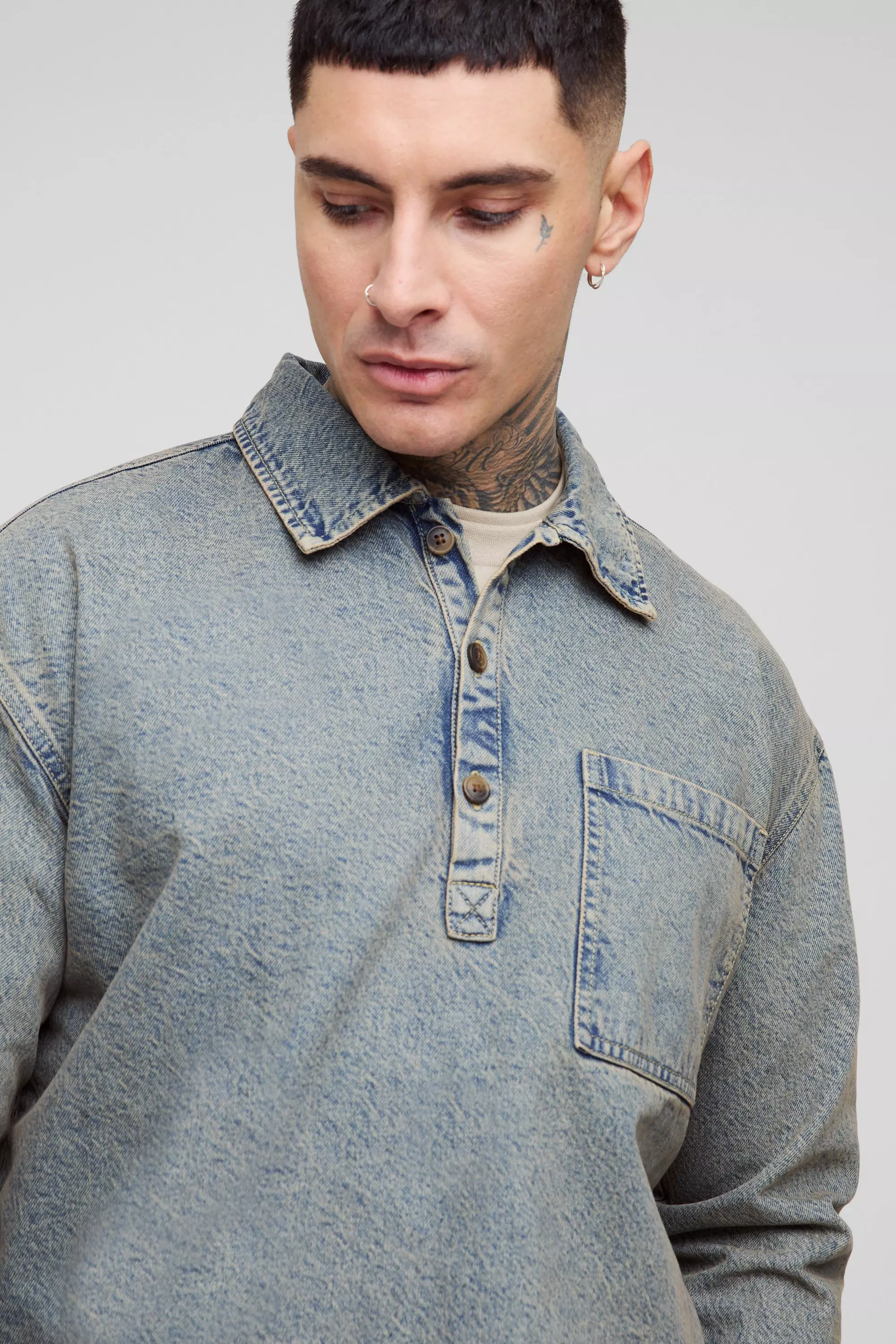 Antique wash Tall Oversized Denim Rugby Shirt alternative image