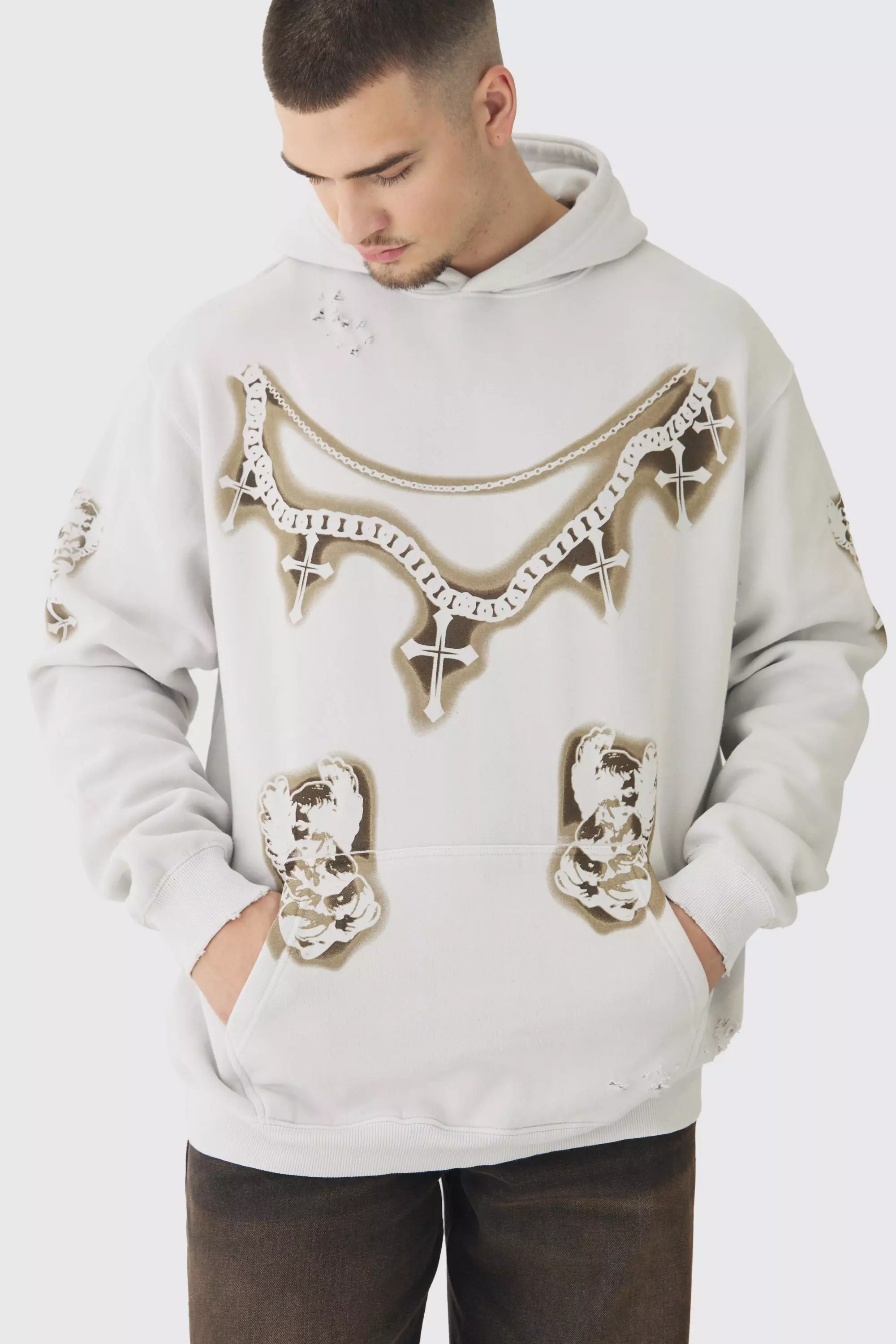 White Tall Cross Print Oversized Distressed Washed Hoodie in Ecru