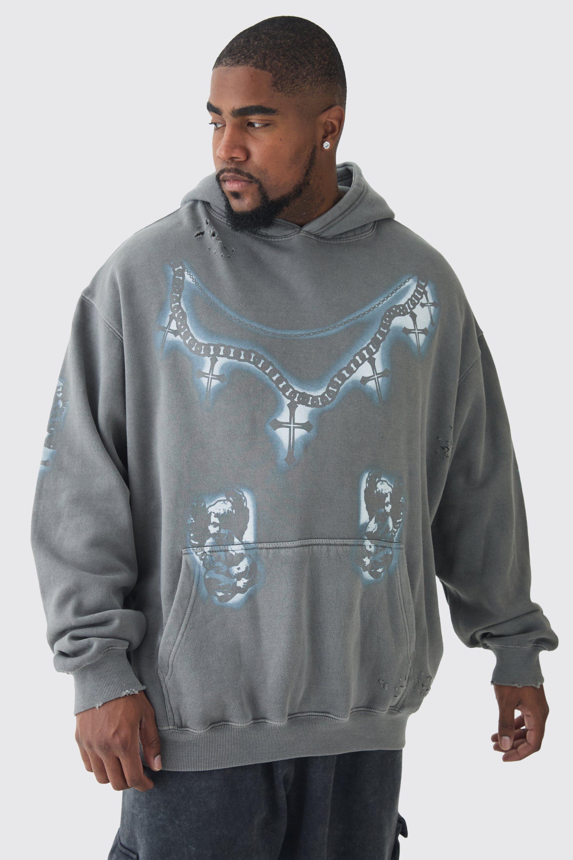 トップス bogmmy M Plus Cross Print Oversized Distressed Washed Hoodie in