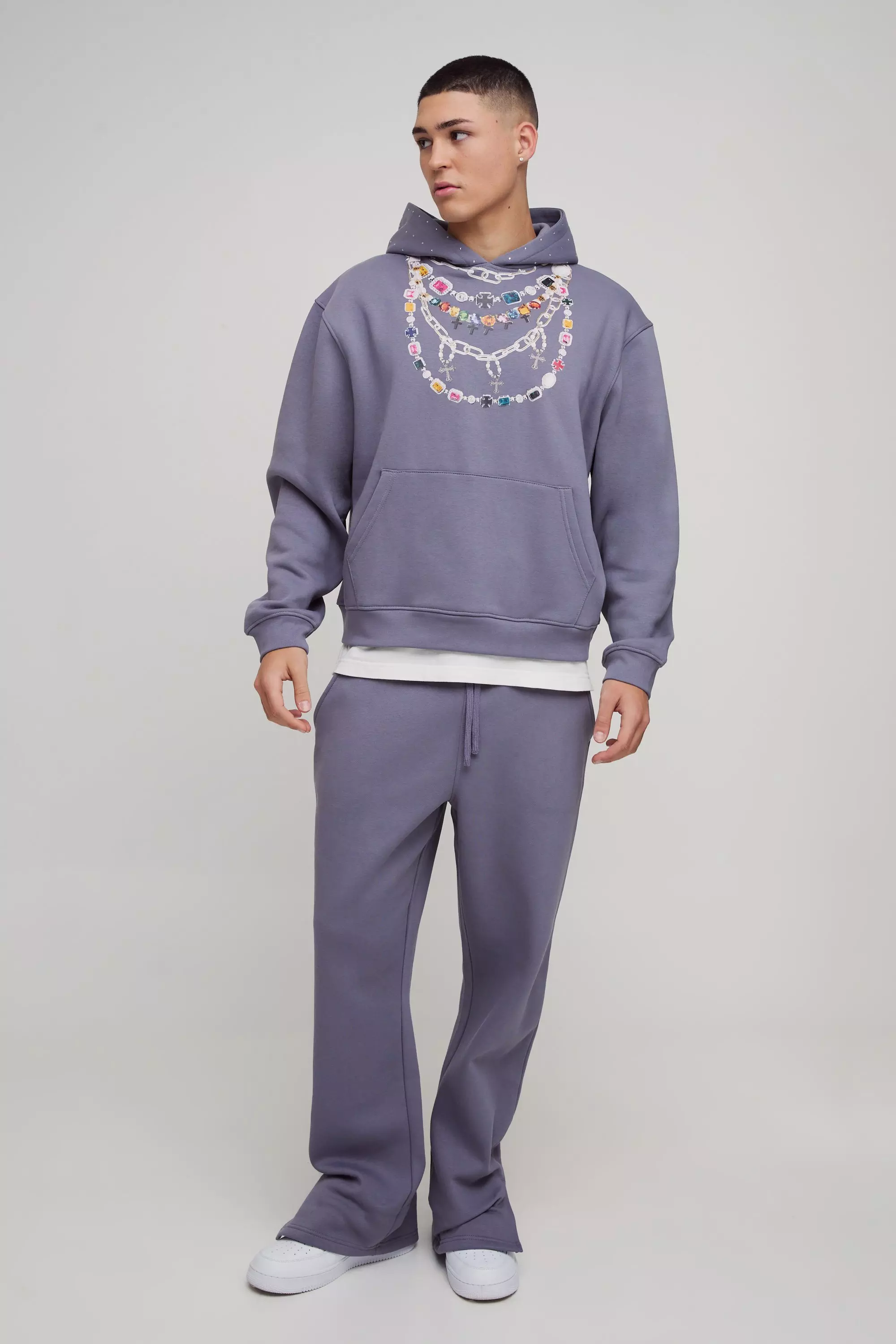 Purple Oversized Boxy Jewelled Chain Printed Hooded Tracksuit