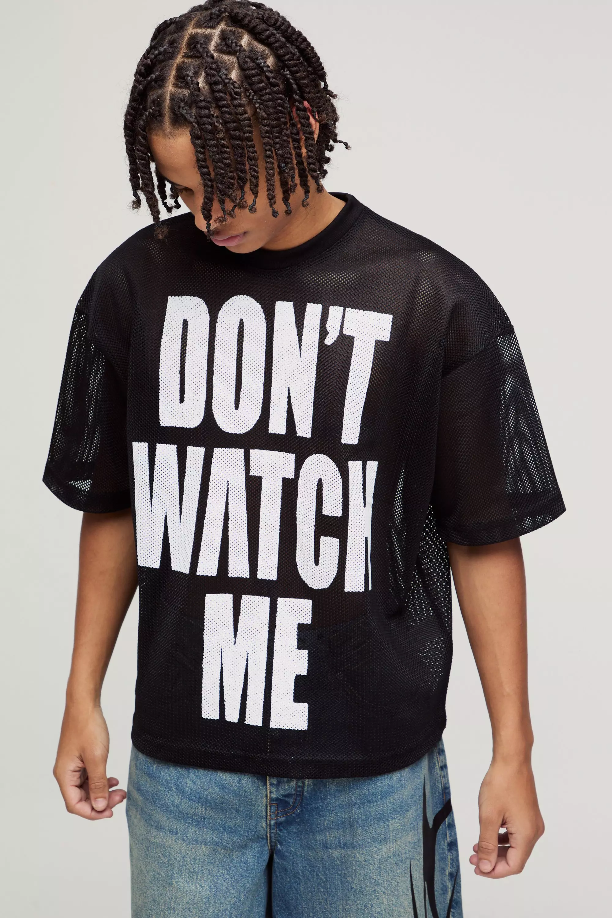 Oversized Boxy Mesh Don't Watch Me Printed T-Shirt Black