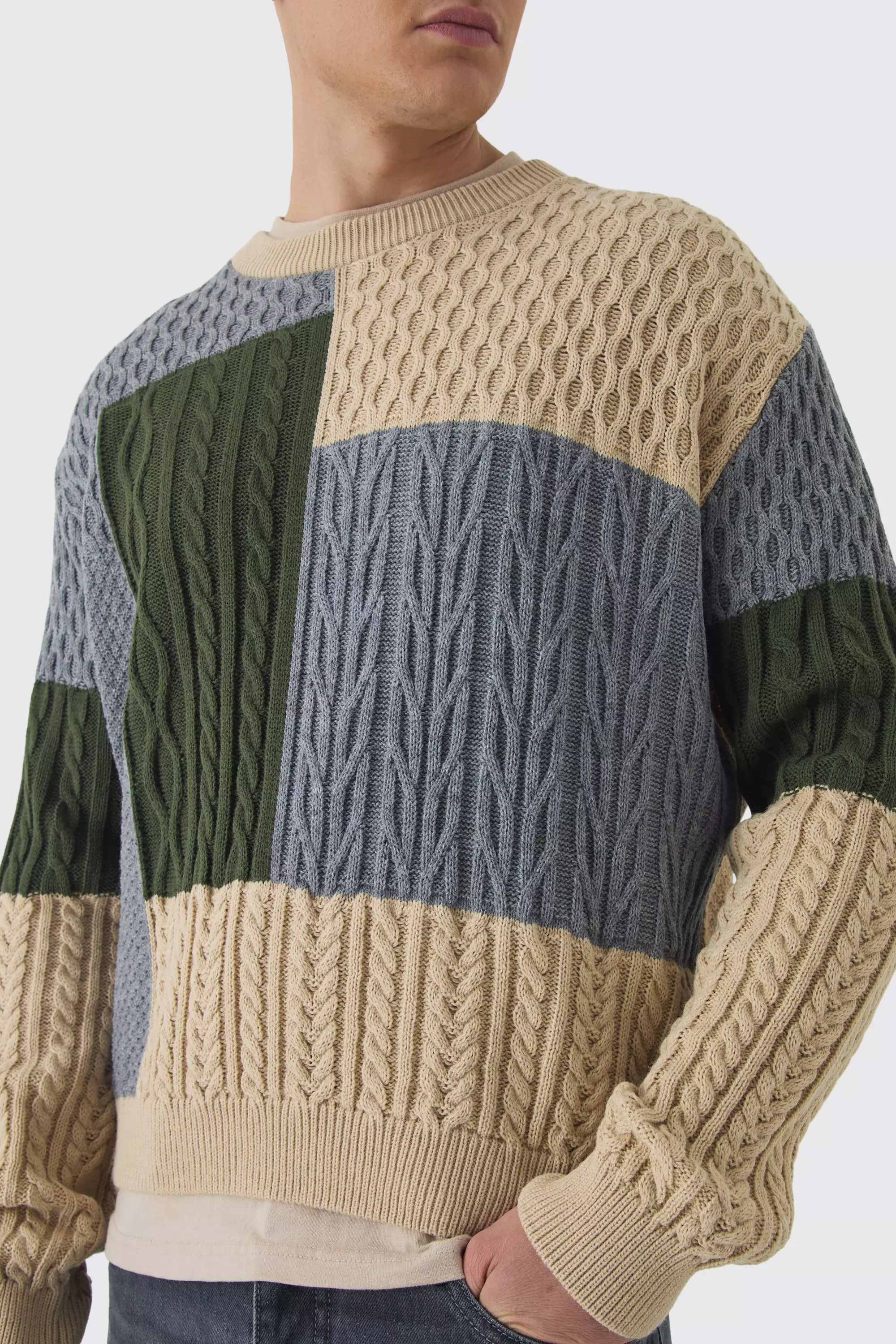 Boxy Patchwork Cable Knitted Sweater Stone