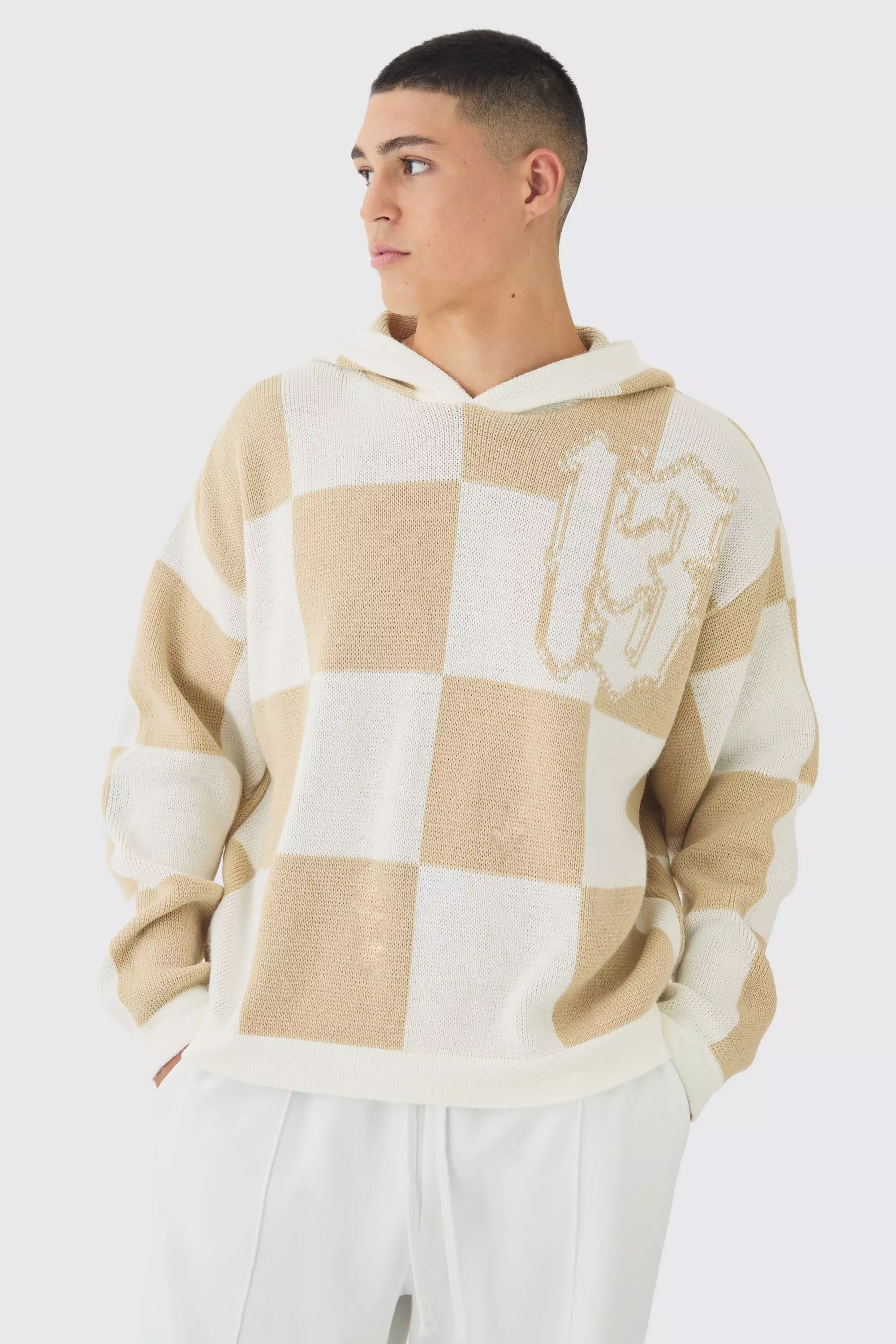 Oversized Boxy Jacquard 13 Checkered Knitted Hoodie Ecru