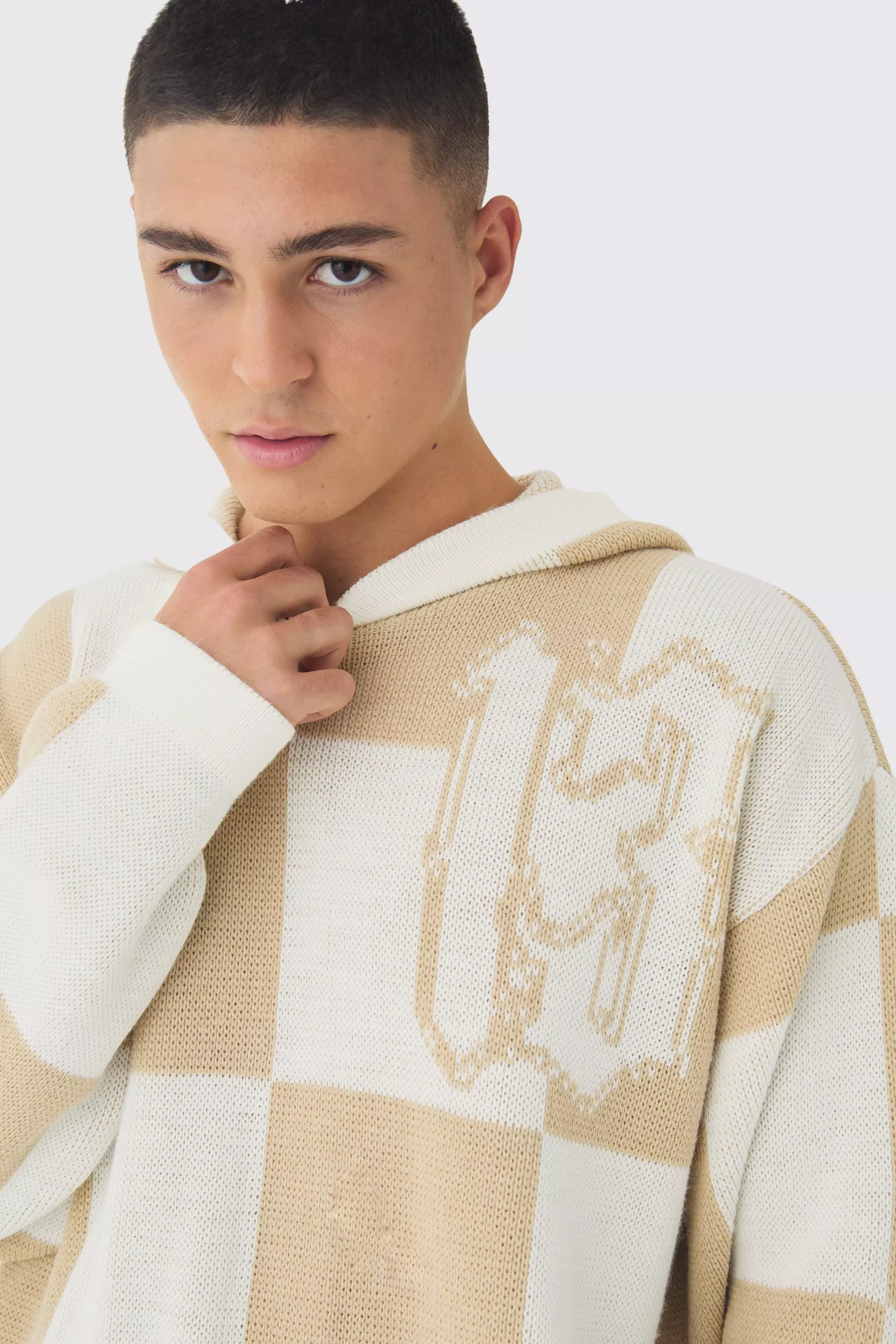 Ecru Oversized Geruite Jacquard 13 Hoodie alternatieve afbeelding