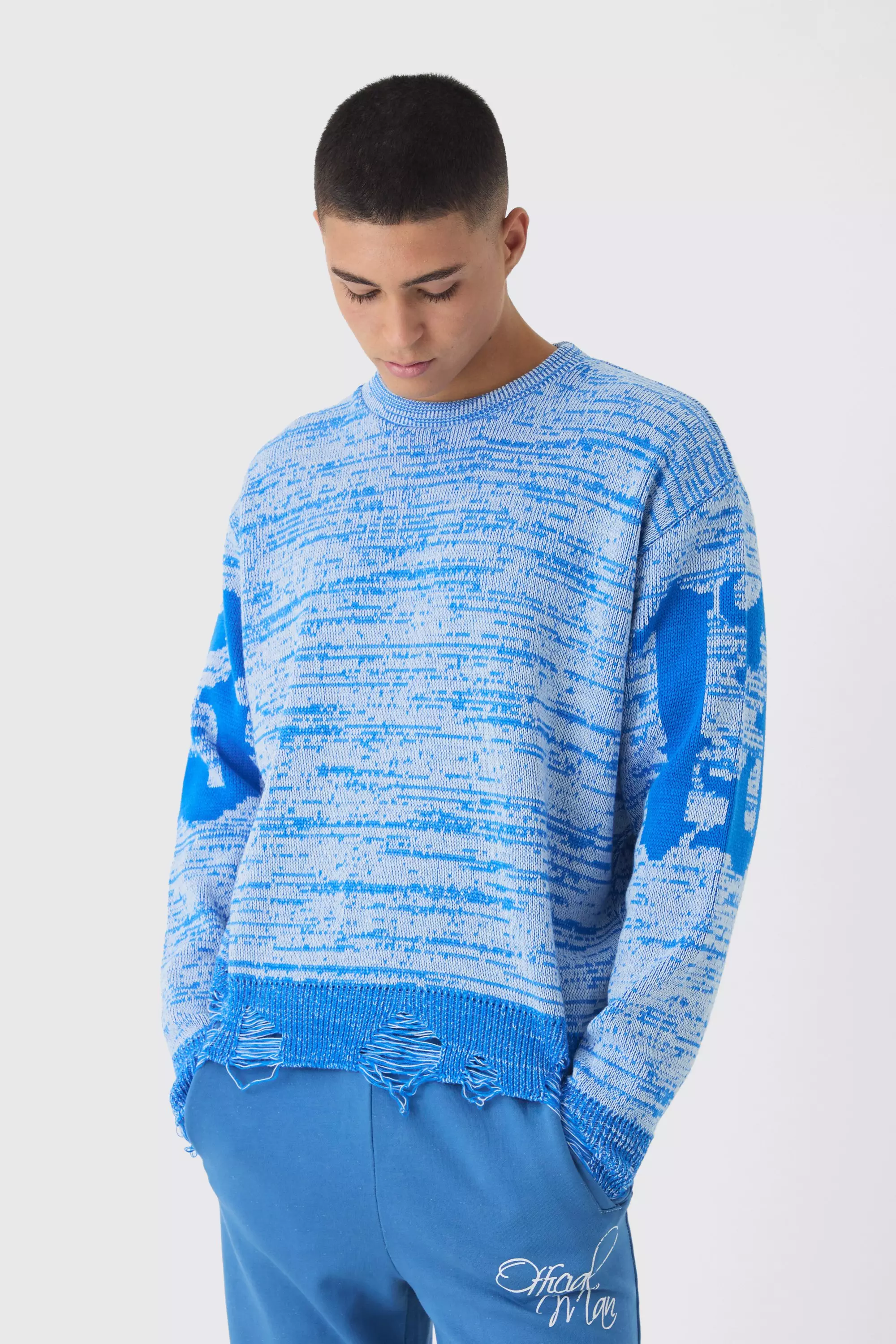 Boxy Distressed Hem Cross Graphic Knitted Sweater Blue