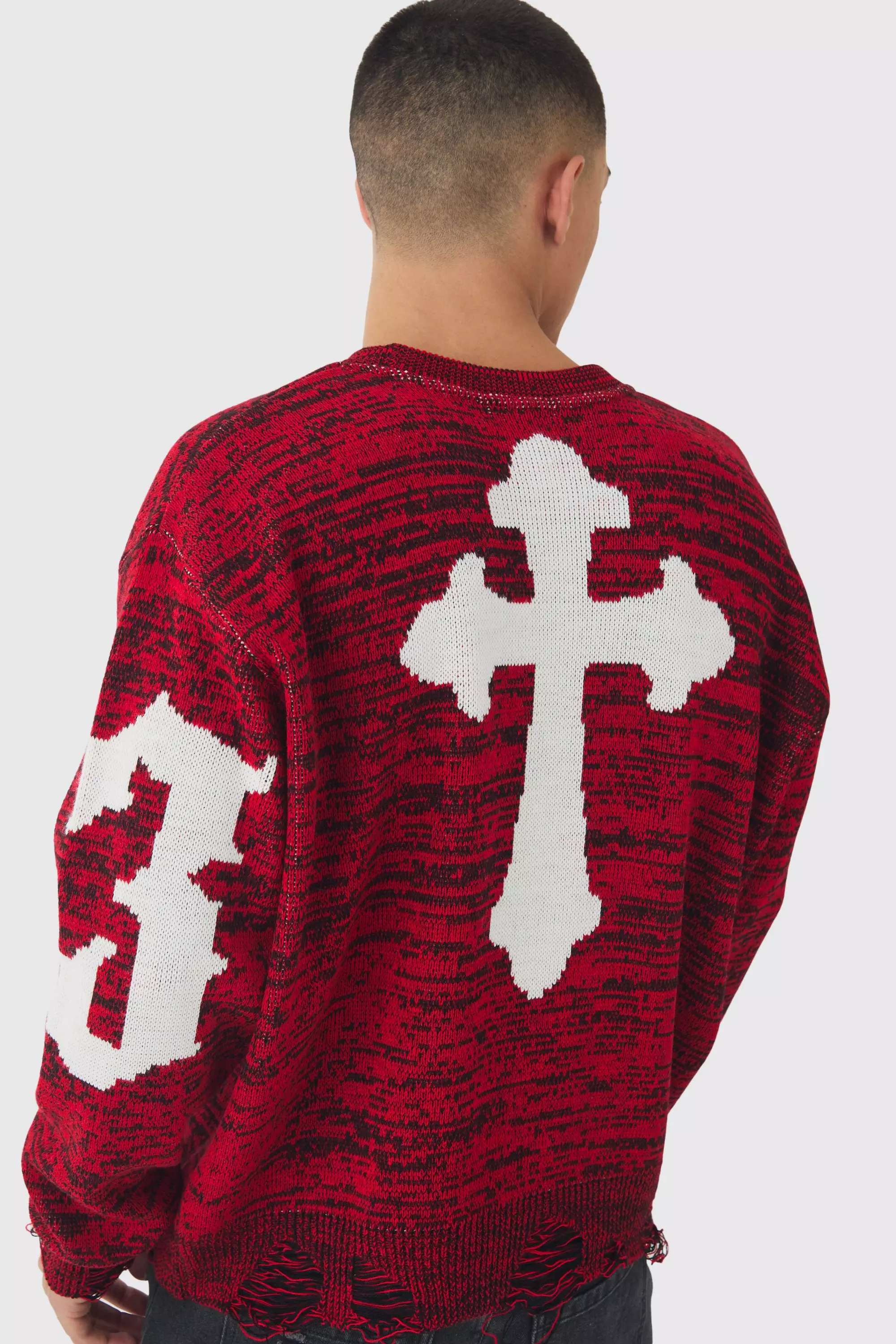 Boxy Distressed Hem Cross Graphic Knitted Sweater Red