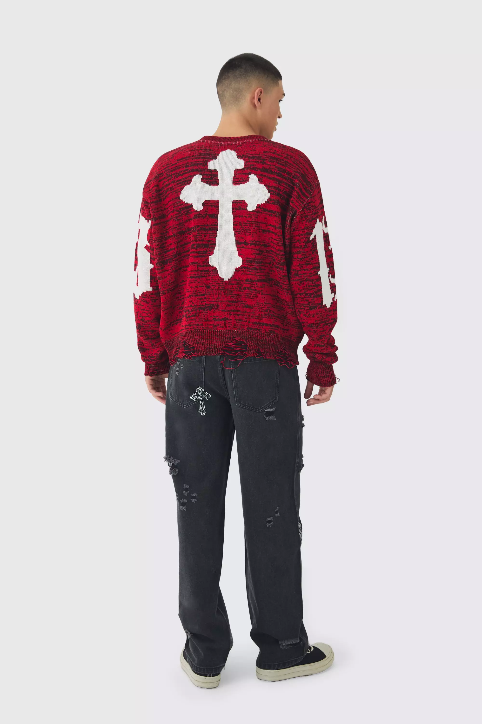 Red Boxy Distressed Hem Cross Graphic Knitted Jumper alternative image