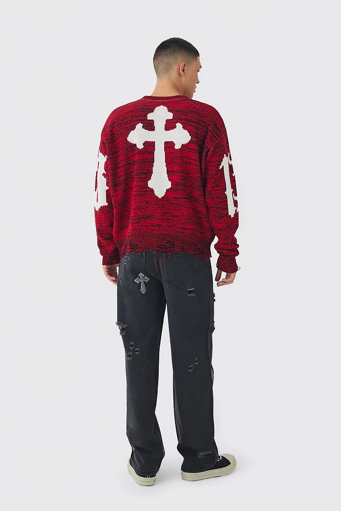 Boxy Distressed Hem Cross Graphic Knitted Sweater Boxy Distressed Hem Cross Graphic Knitted Sweater