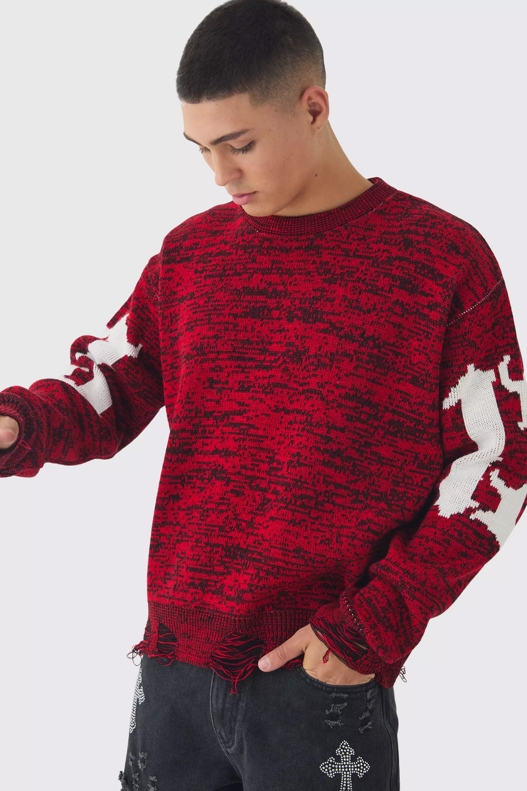 Red Boxy Distressed Hem Cross Graphic Knitted Jumper alternative image