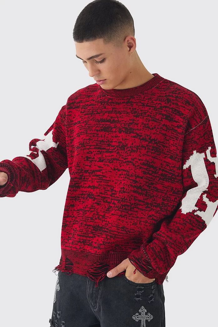 Boxy Distressed Hem Cross Graphic Knitted Sweater Boxy Distressed Hem Cross Graphic Knitted Sweater