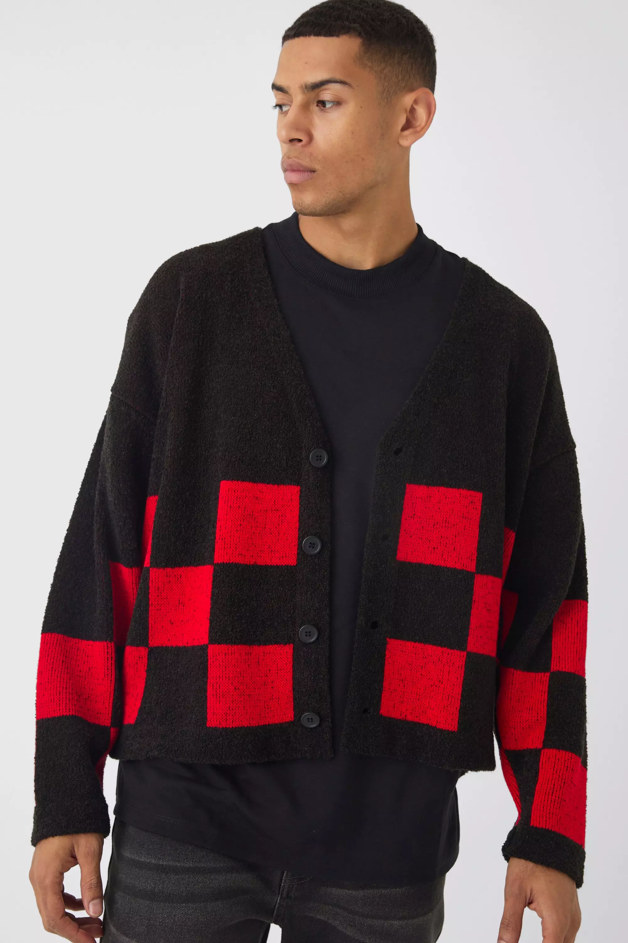 Black Oversized Fisherman Rib Boucle Checkered Knitted Cardigan