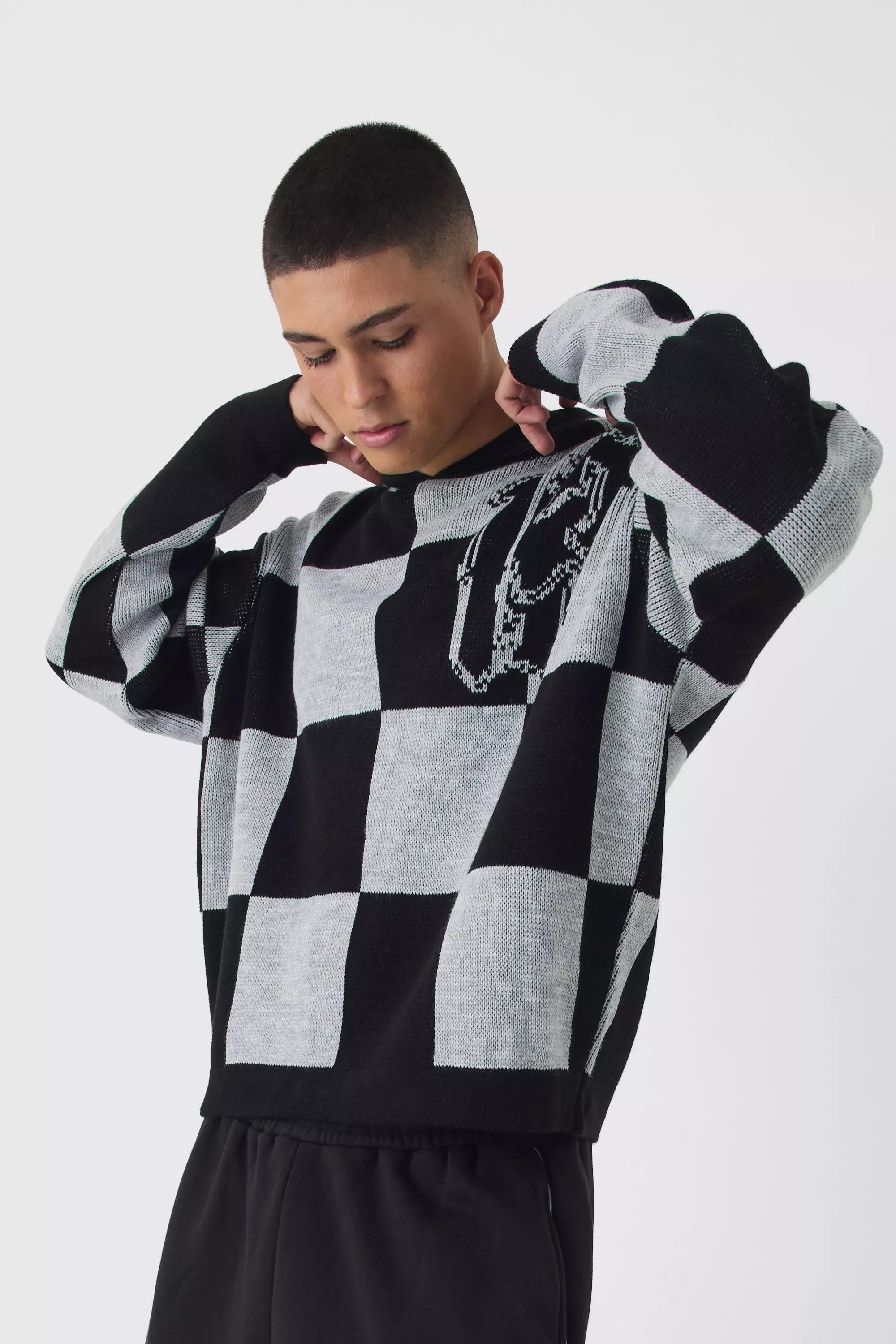 Oversized Boxy Jacquard 13 Checkered Knitted Hoodie Black