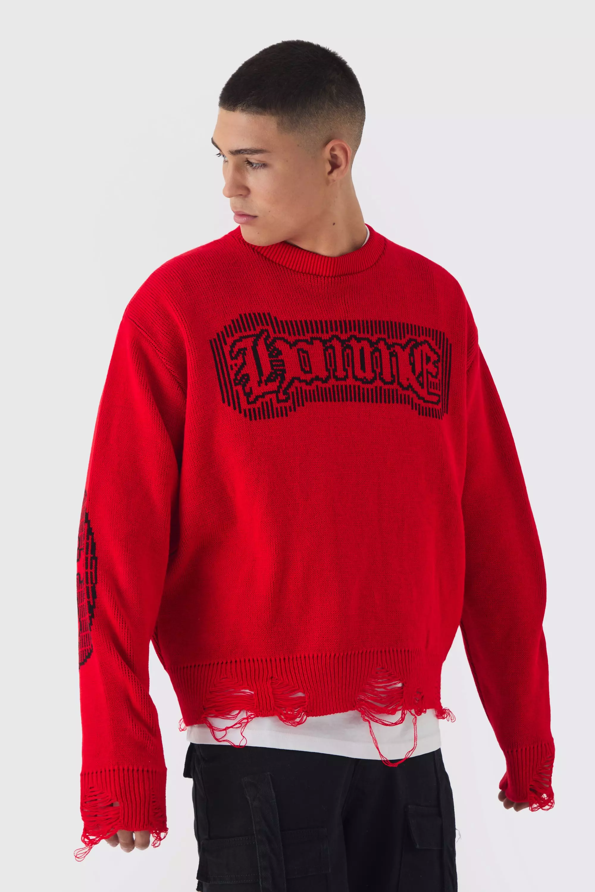 Oversized Crew Neck Homme Distressed Cross Knitted Sweater Red