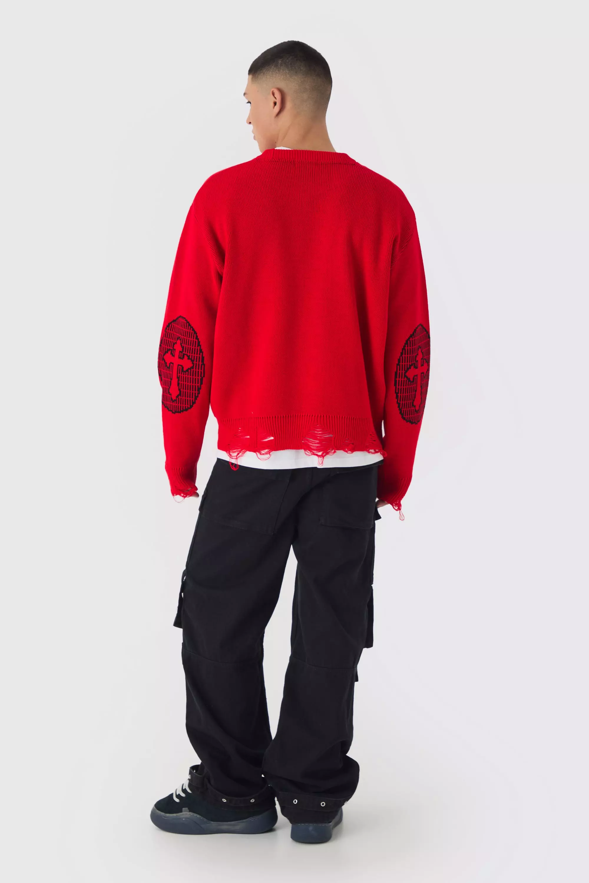 Oversized Crew Neck Homme Distressed Cross Knitted Sweater