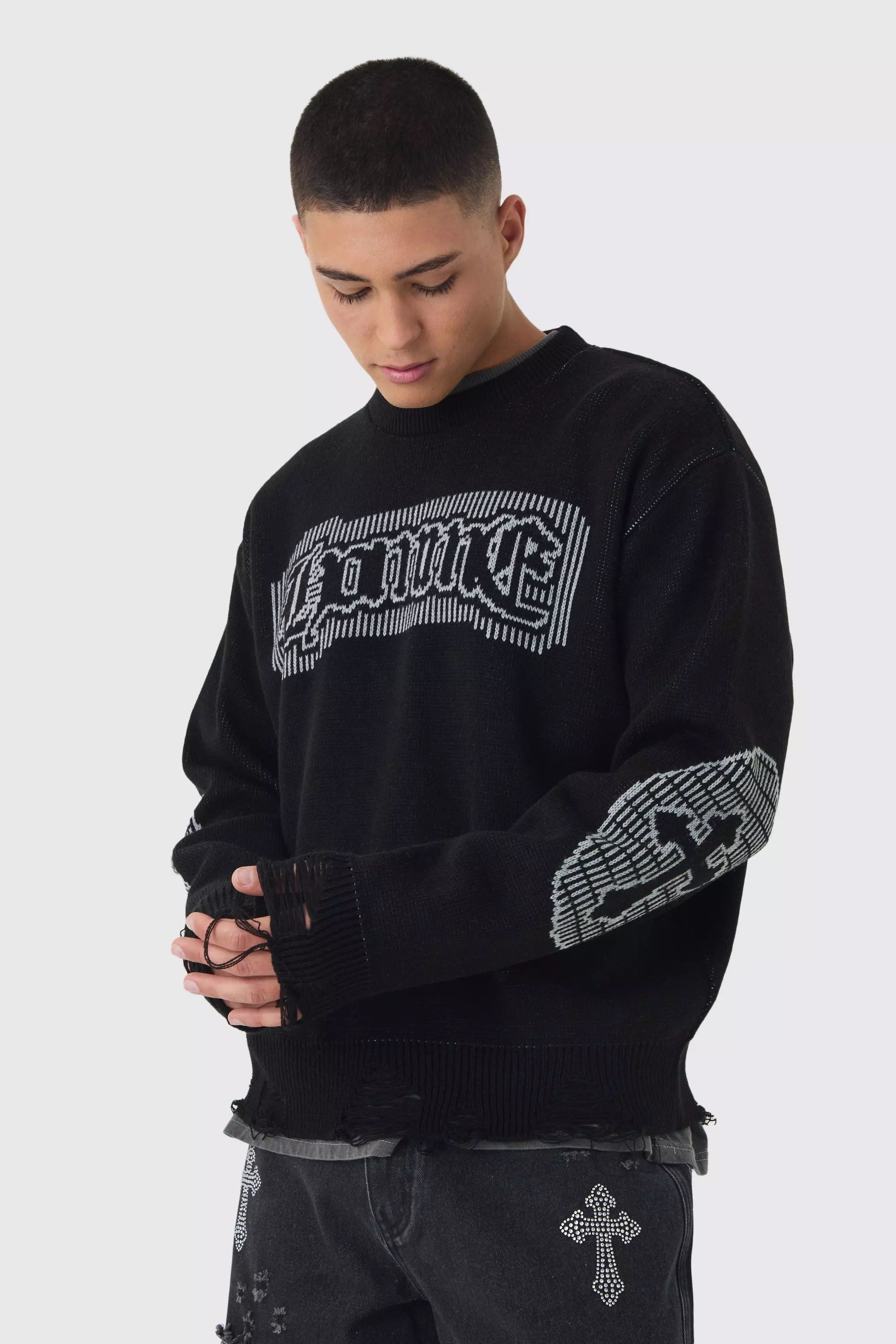 Oversized Crew Neck Homme Distressed Cross Knitted Sweater Black