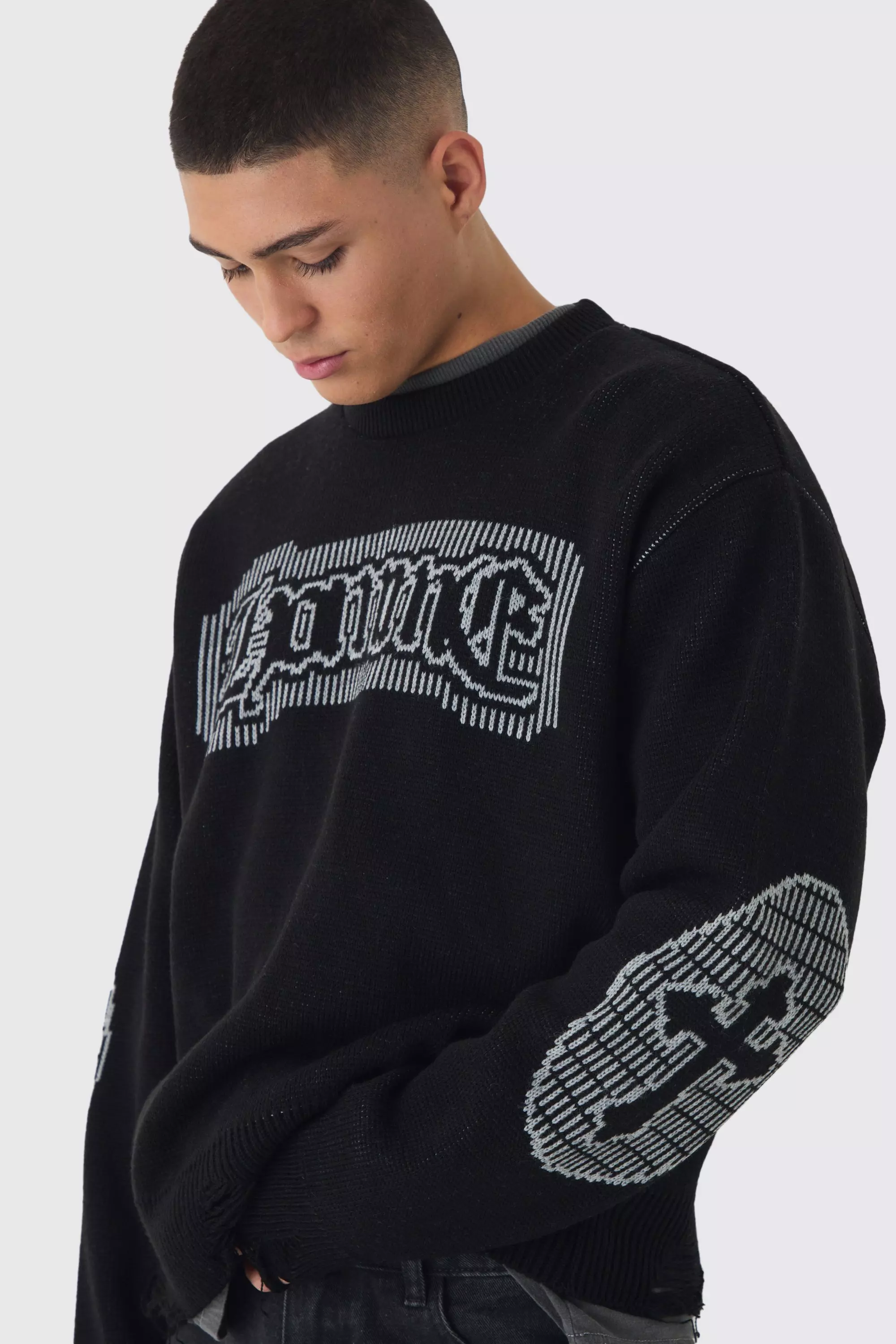 Pull oversize à col ras du cou en maille croisée, Black autre image
