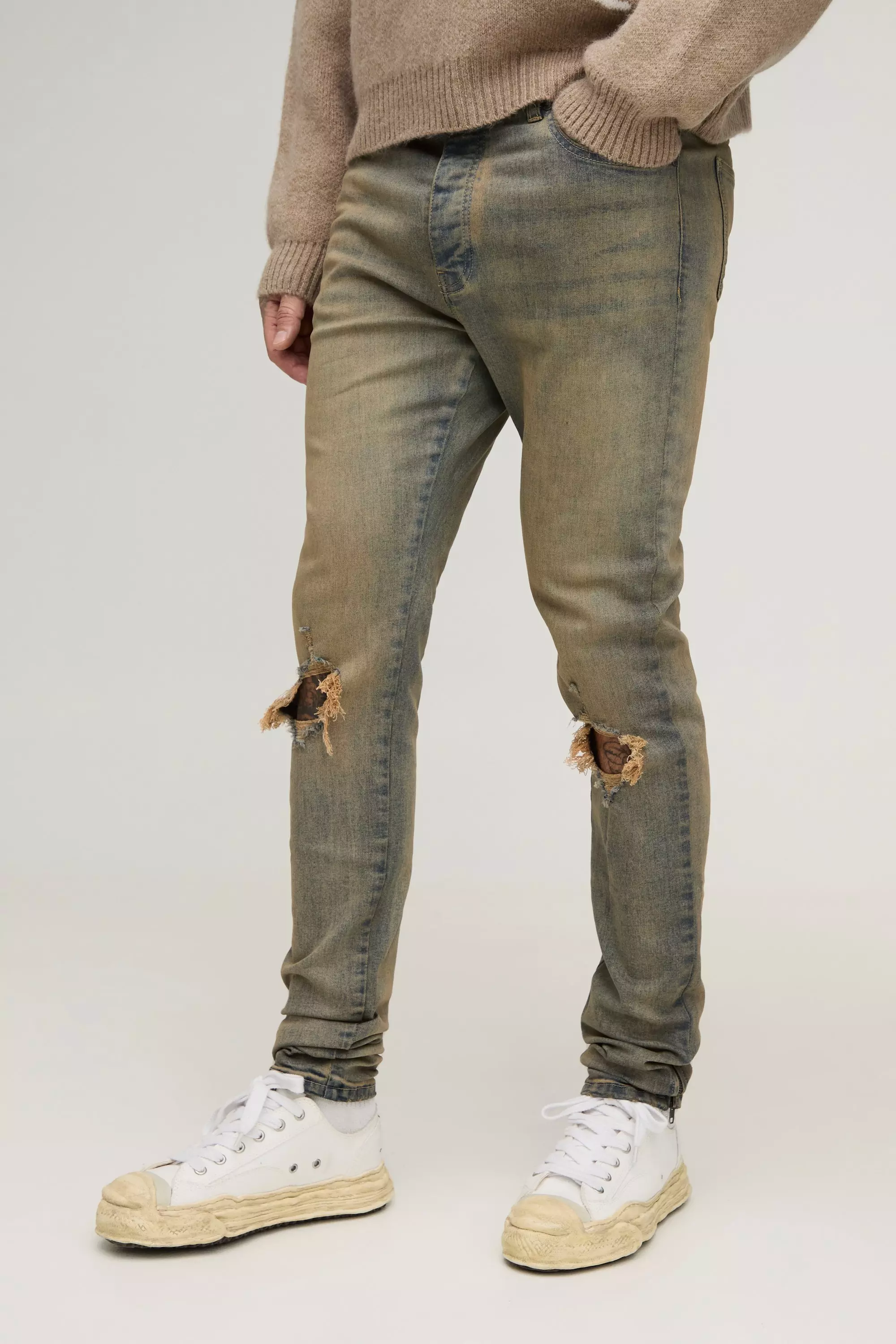 Tall Tinted Rip Knee Stacked Skinny Zip Hem Jeans Antique wash