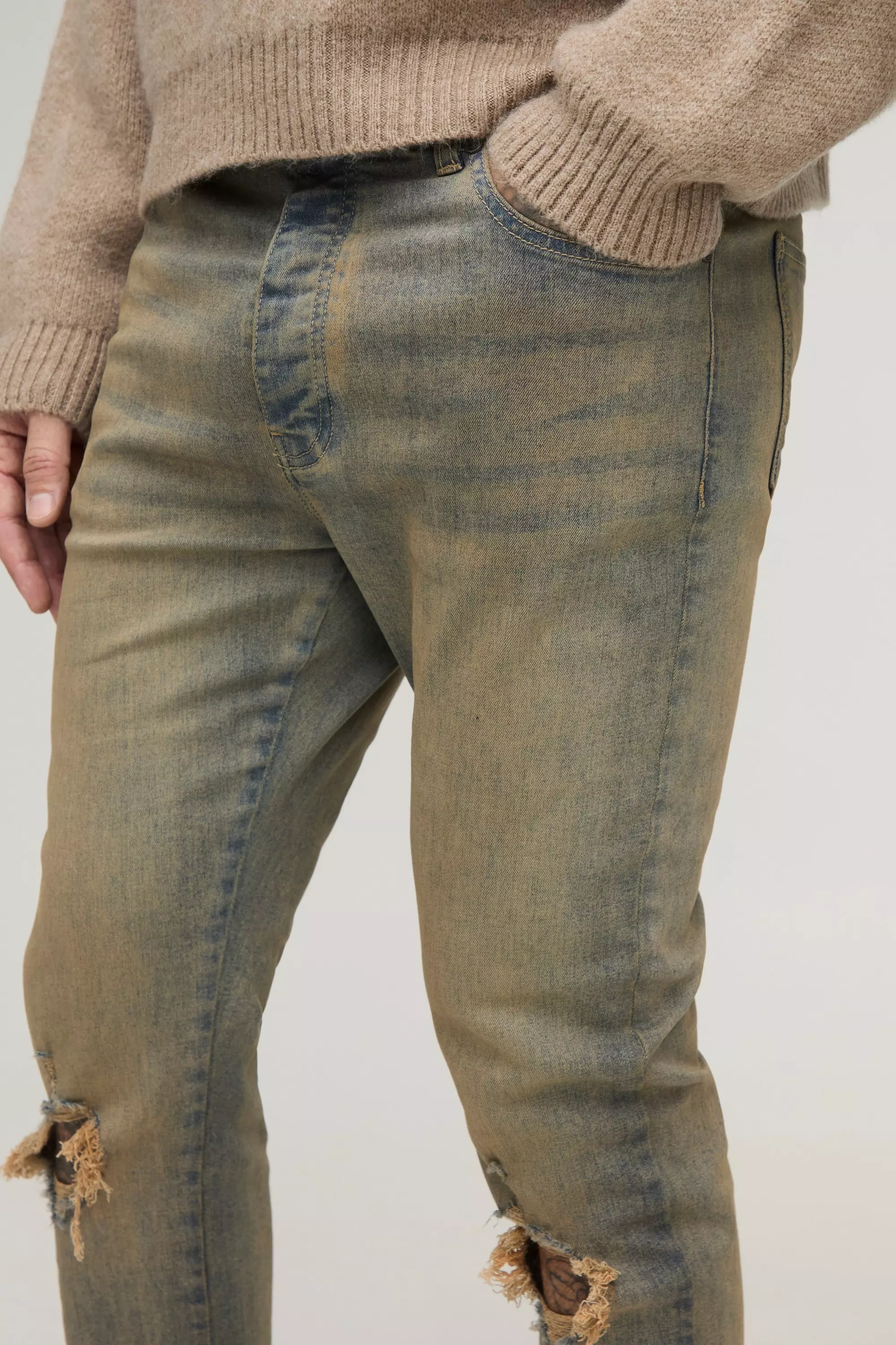 Antique wash Tall Tinted Rip Knee Stacked Skinny Zip Hem Jeans alternative image