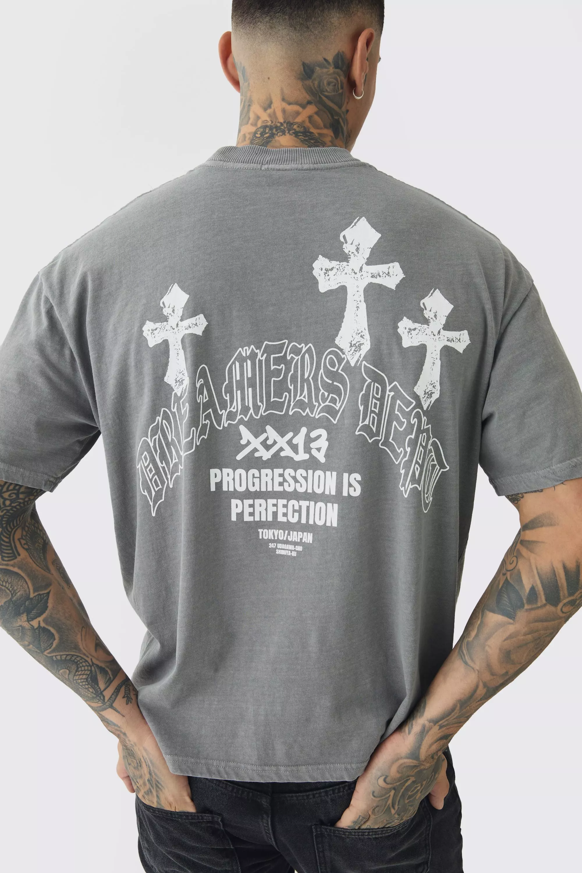 Tall Oversized Acid Wash Cross Graphic T-shirt Charcoal