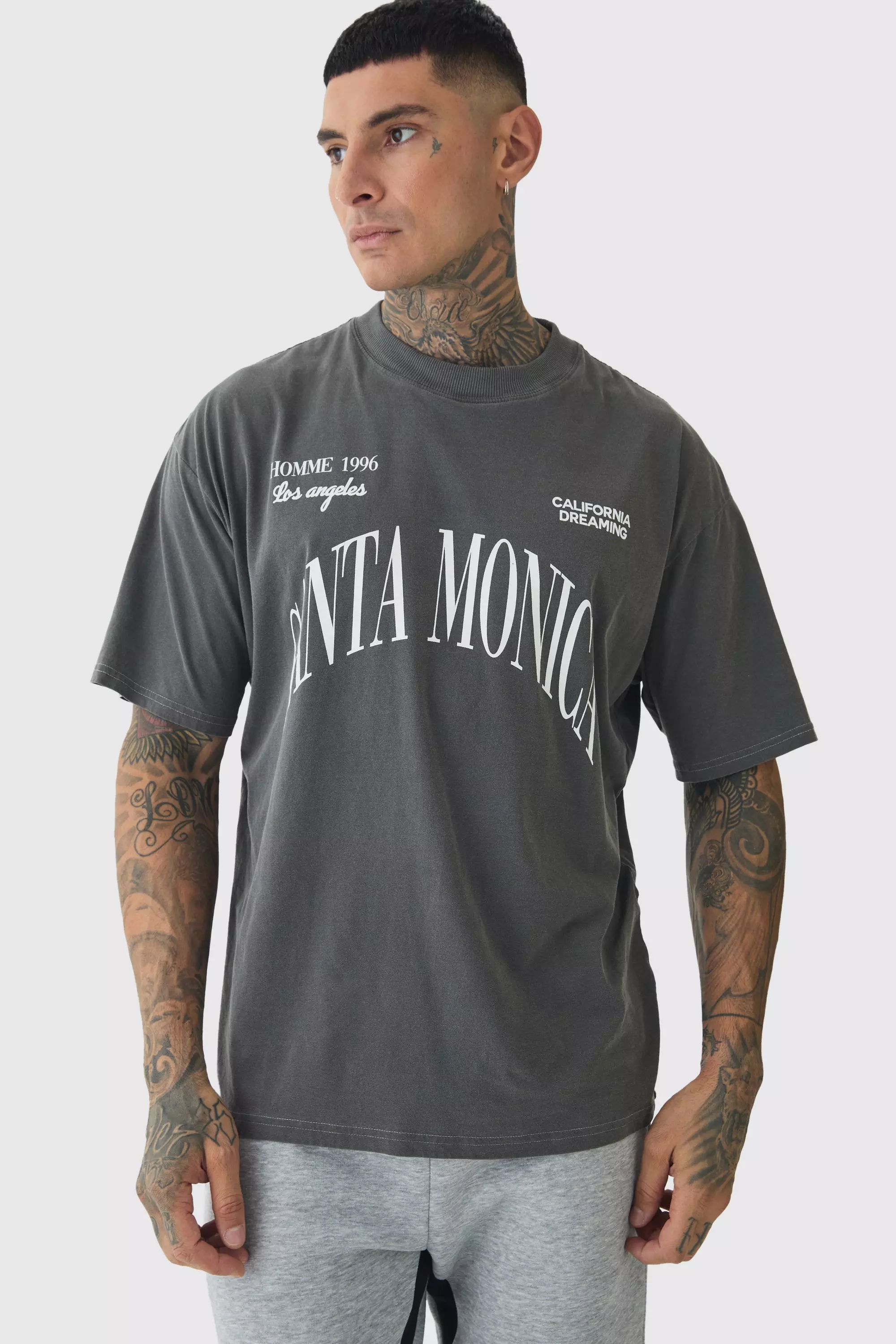 Tall Oversized Acid Wash Santa Monica Varsity Print T-shirt Charcoal