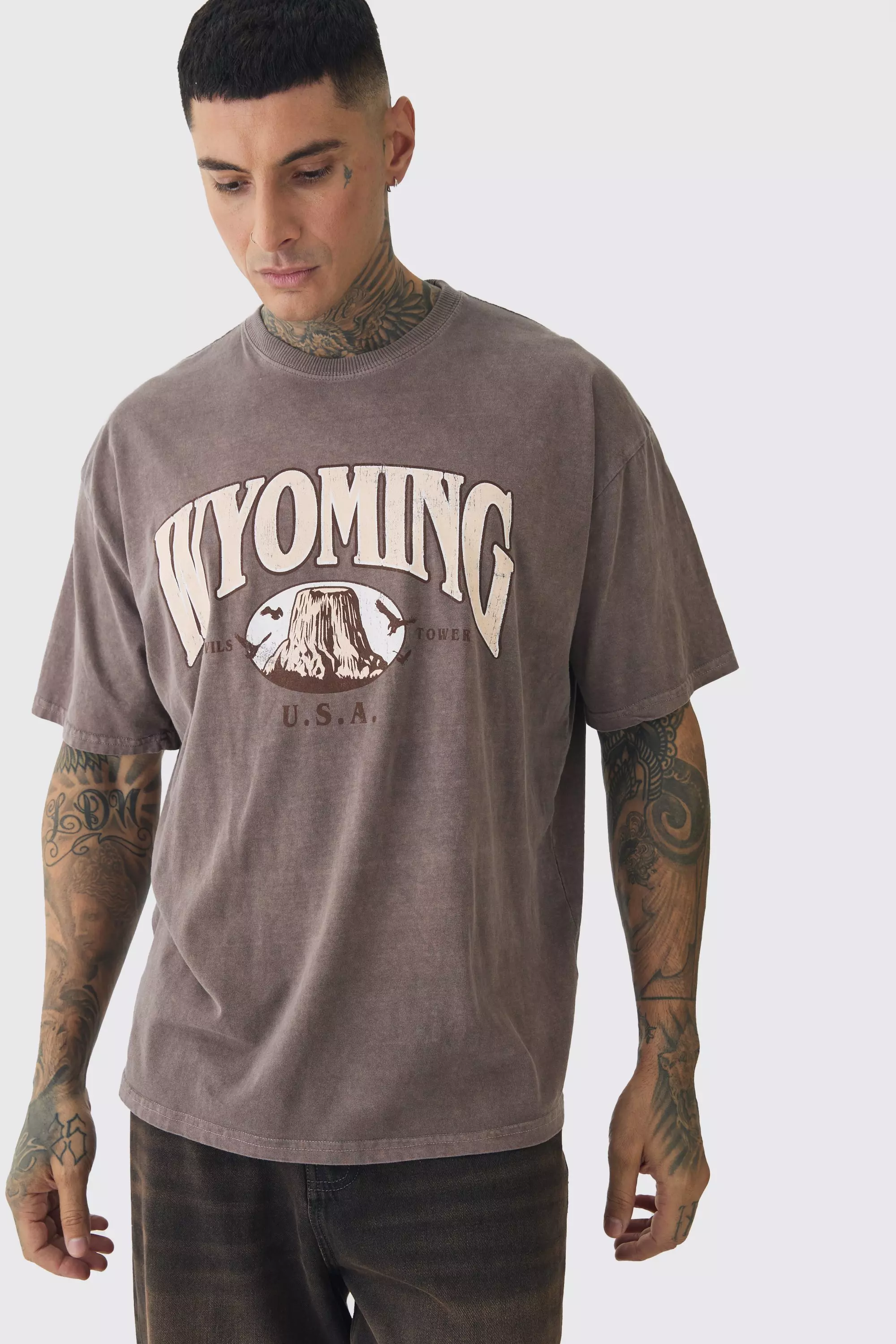 Chocolate Brown Tall Oversized Washed Wyoming Print T-shirt