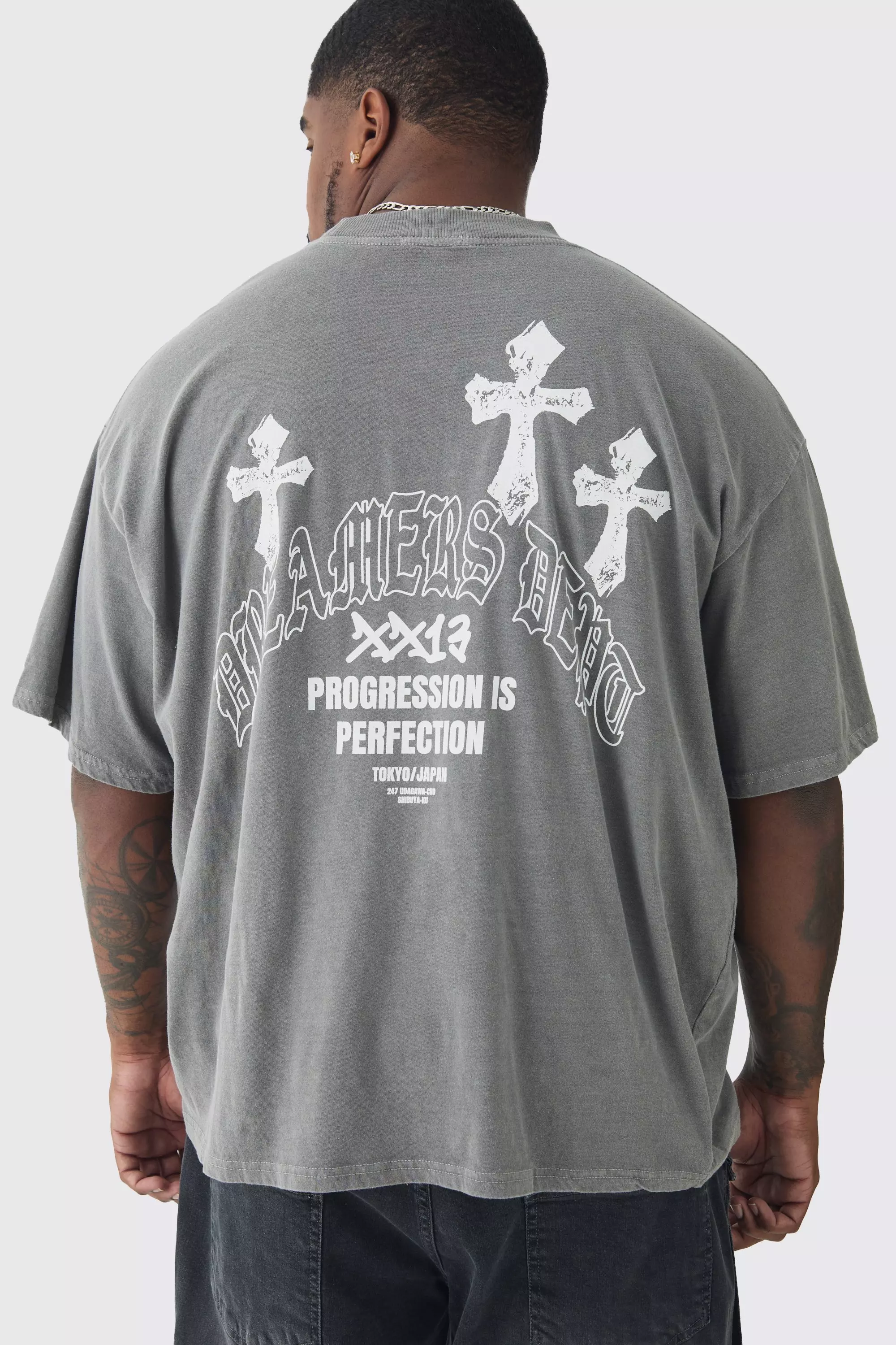 Plus Oversized Acid Wash Cross Graphic T-shirt Charcoal