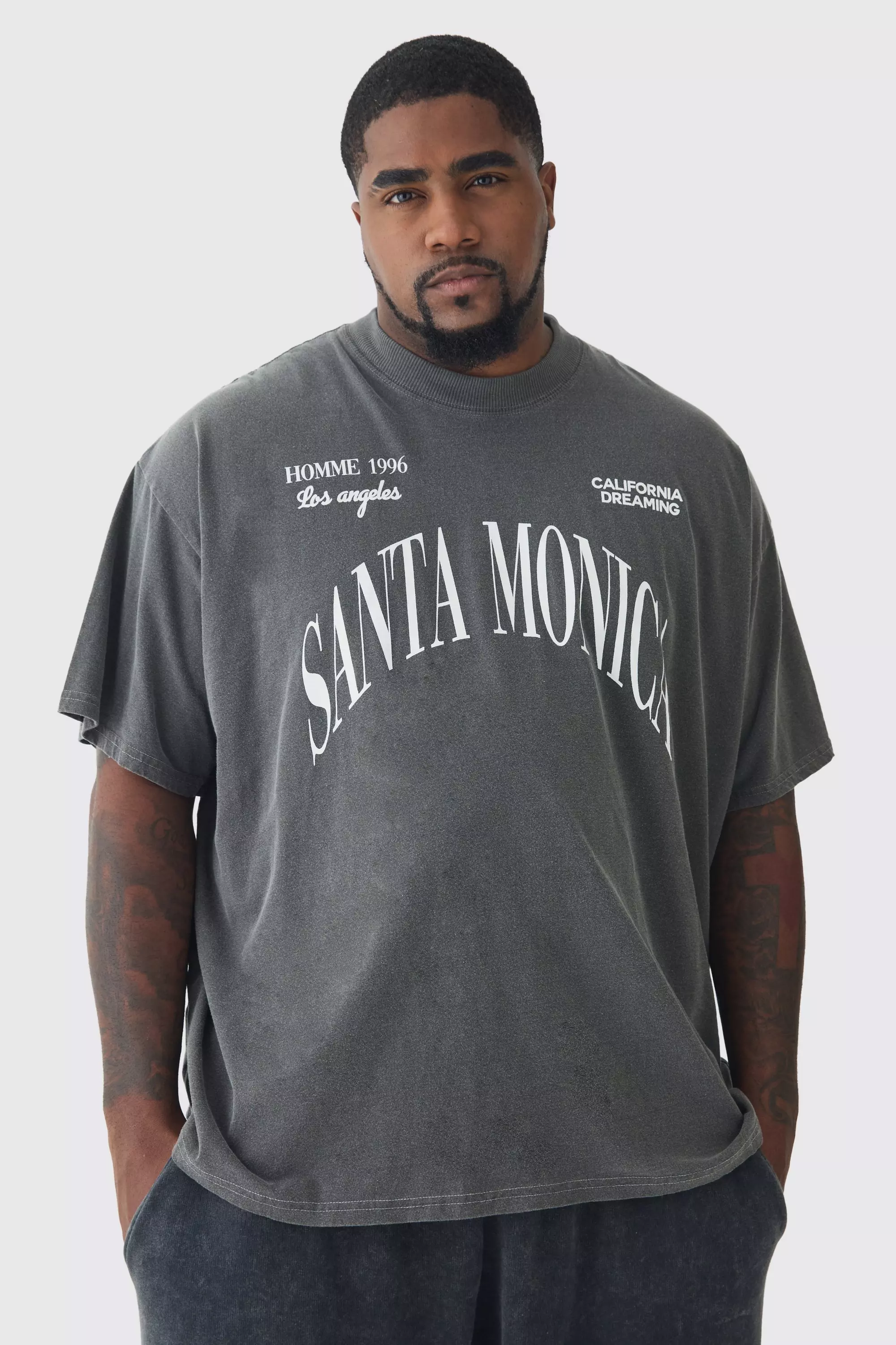 Plus Oversized Acid Wash Santa Monica Varsity Print T-shirt Charcoal