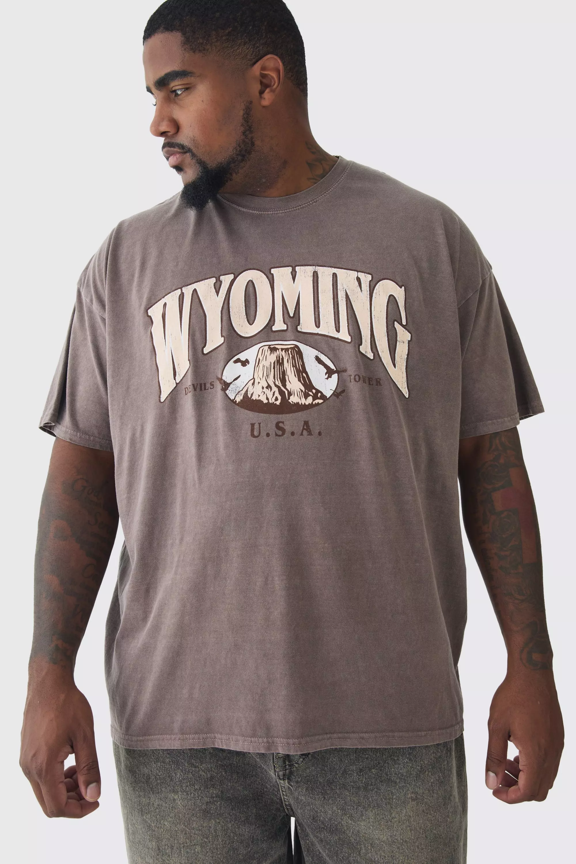 Chocolate Brown Plus Oversized Washed Wyoming Print T-shirt