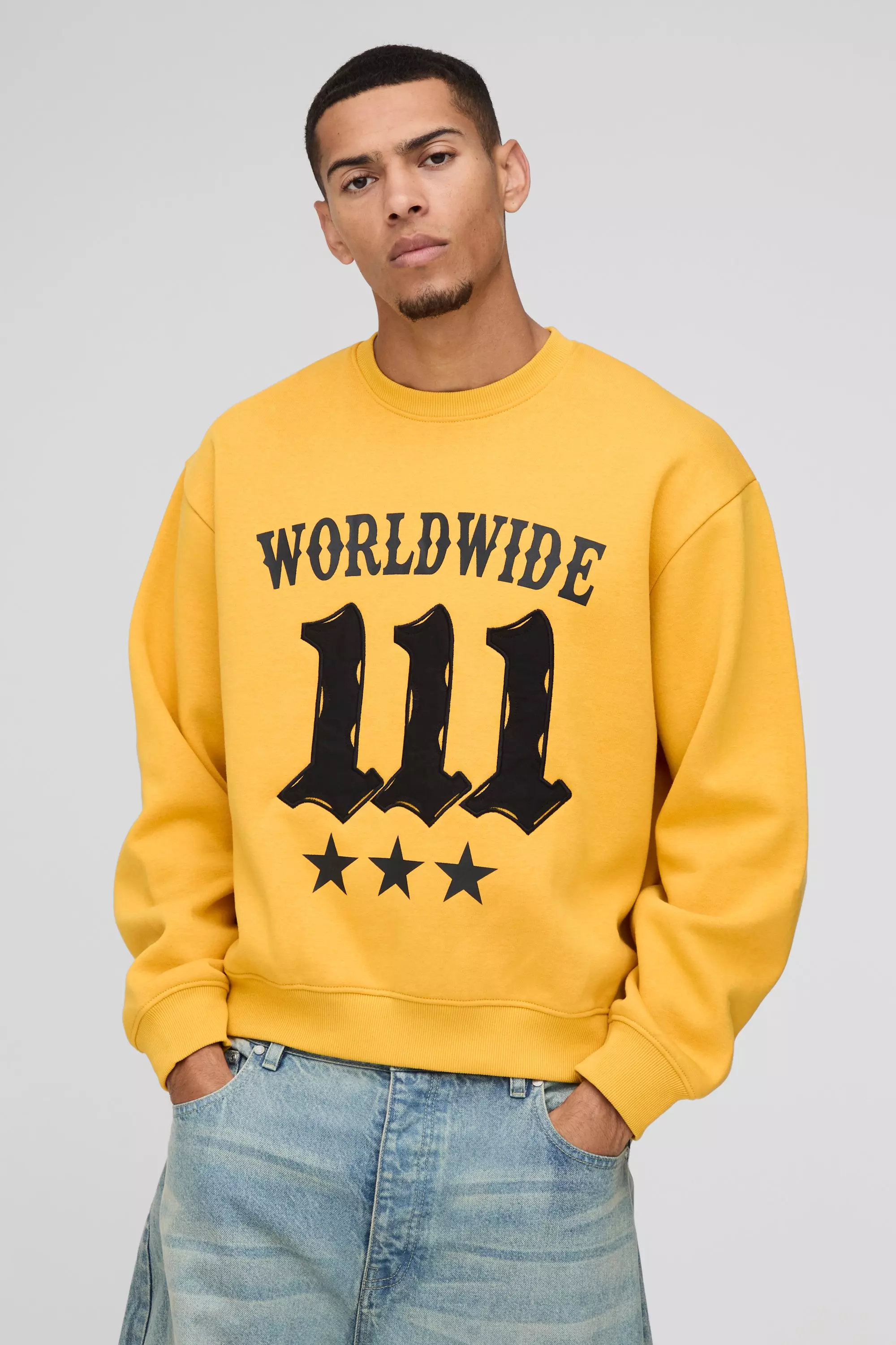 Yellow Oversized Boxy Moto Raw Edge Applique Sweatshirt