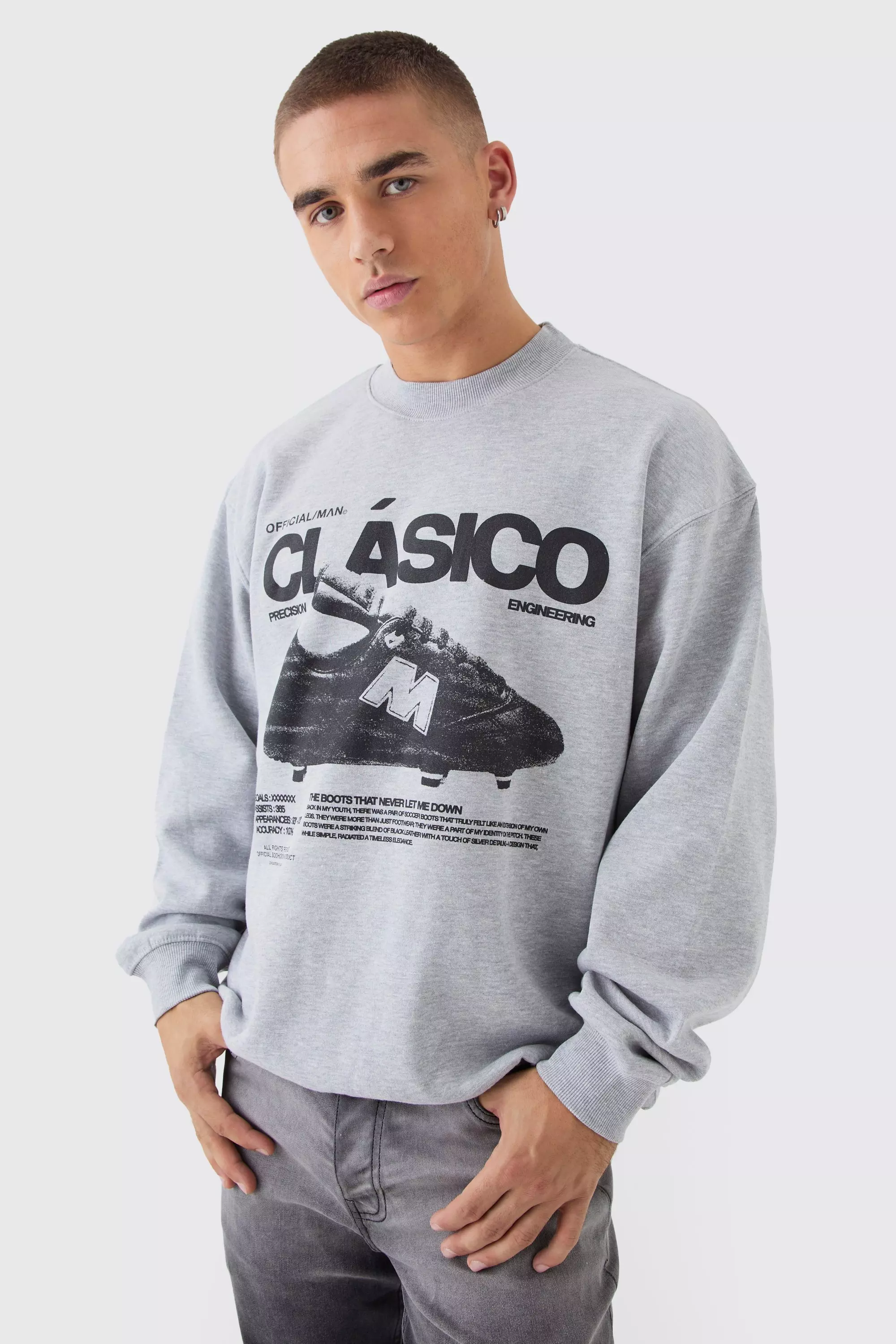 Light-grey Grey Oversized Extended Neck Shoe Print Sweatshirt