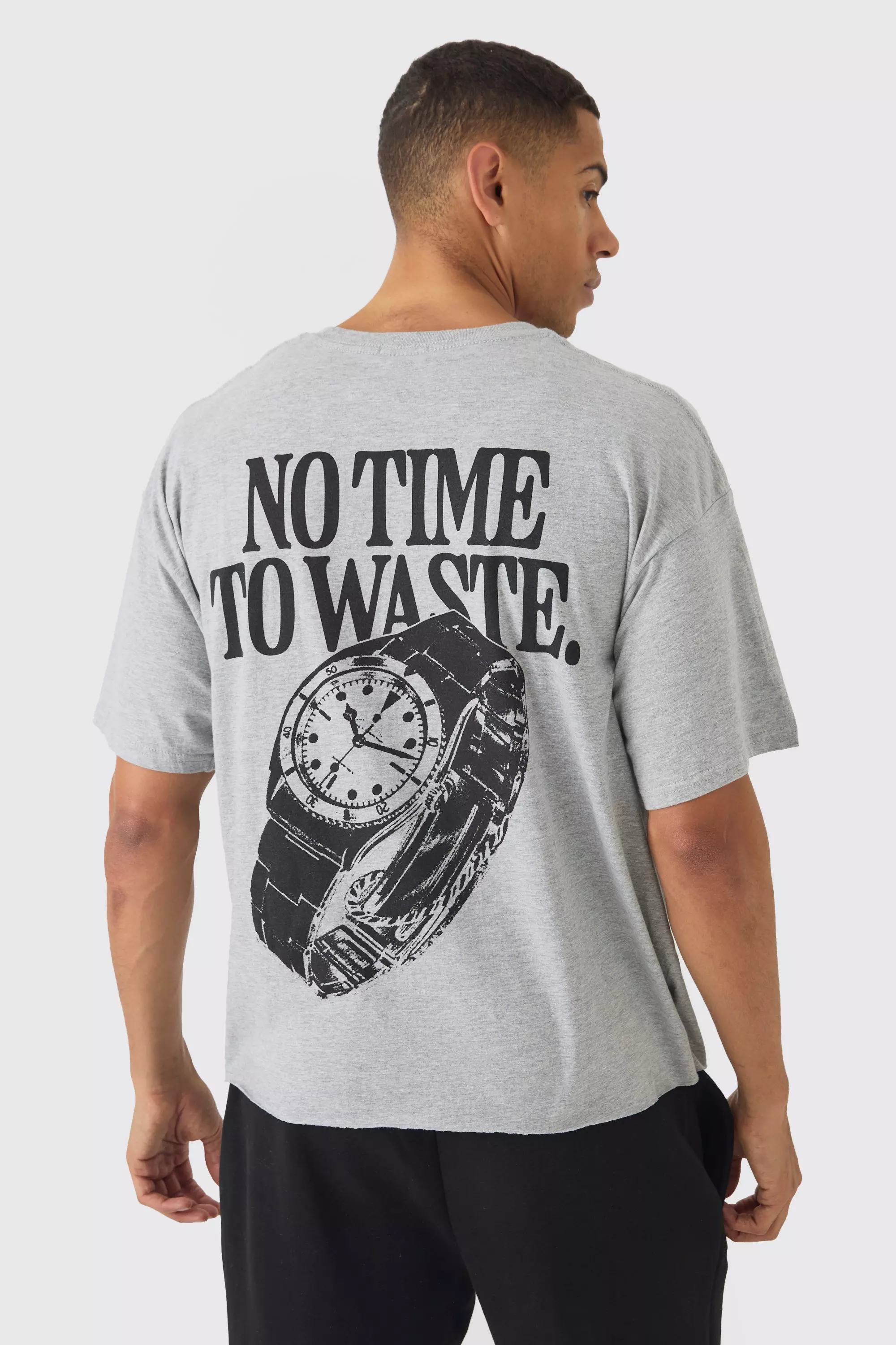 Grey Oversized Boxy No Time To Waste Back Print T-Shirt