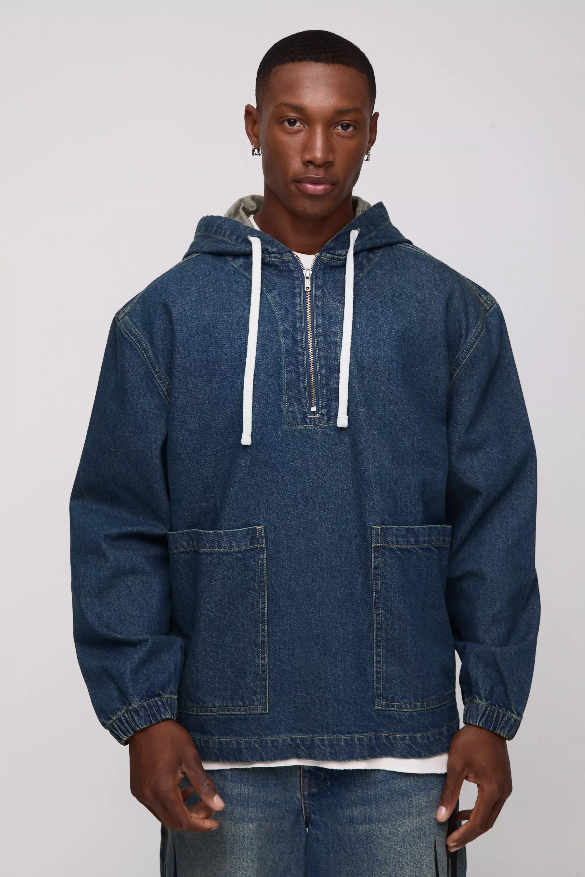 Oversized Extended Drawcord Denim Hoodie mid wash