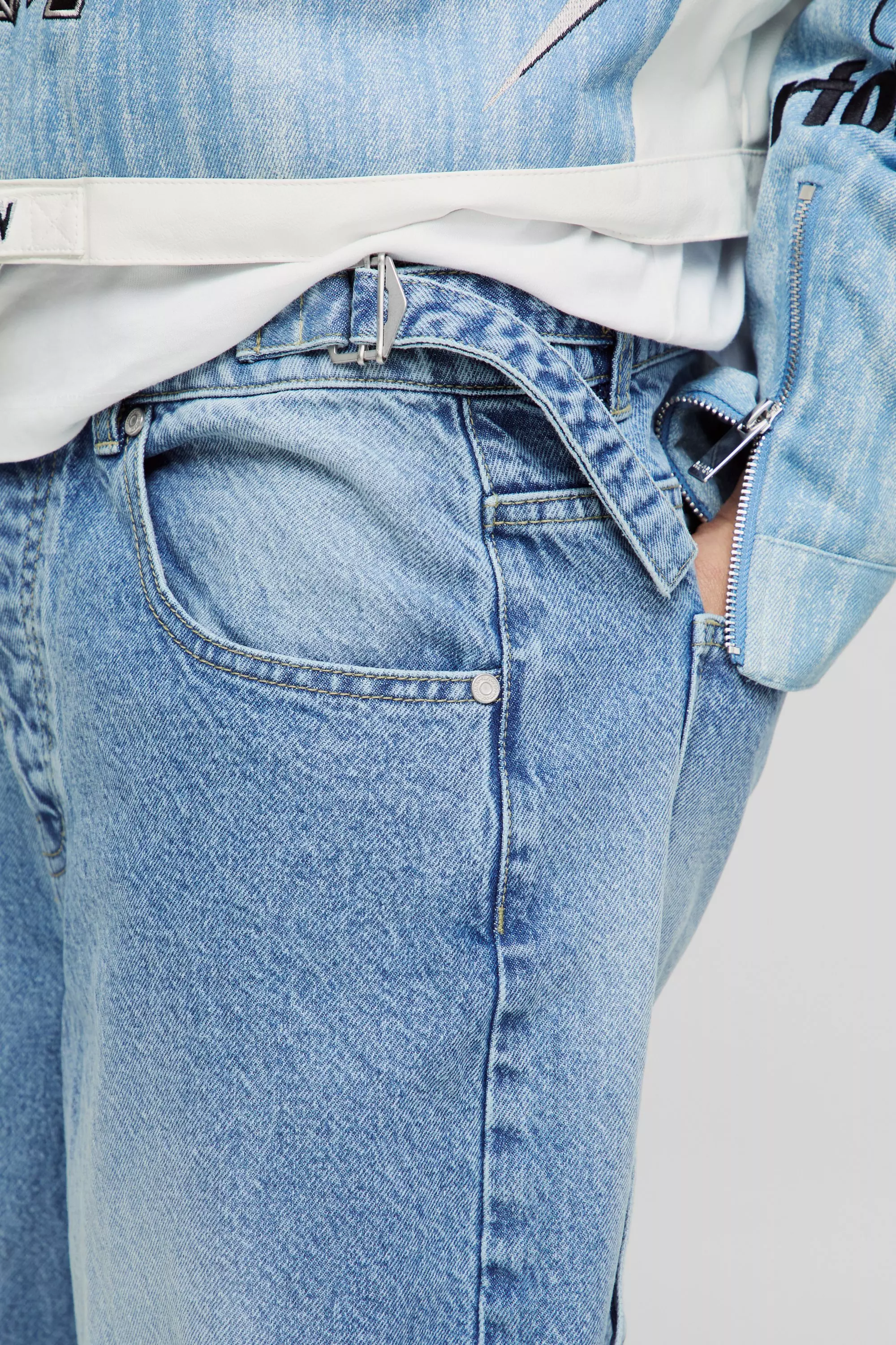 Washed blue Washed Adjustable Waist Baggy Carpenter Jeans alternative image